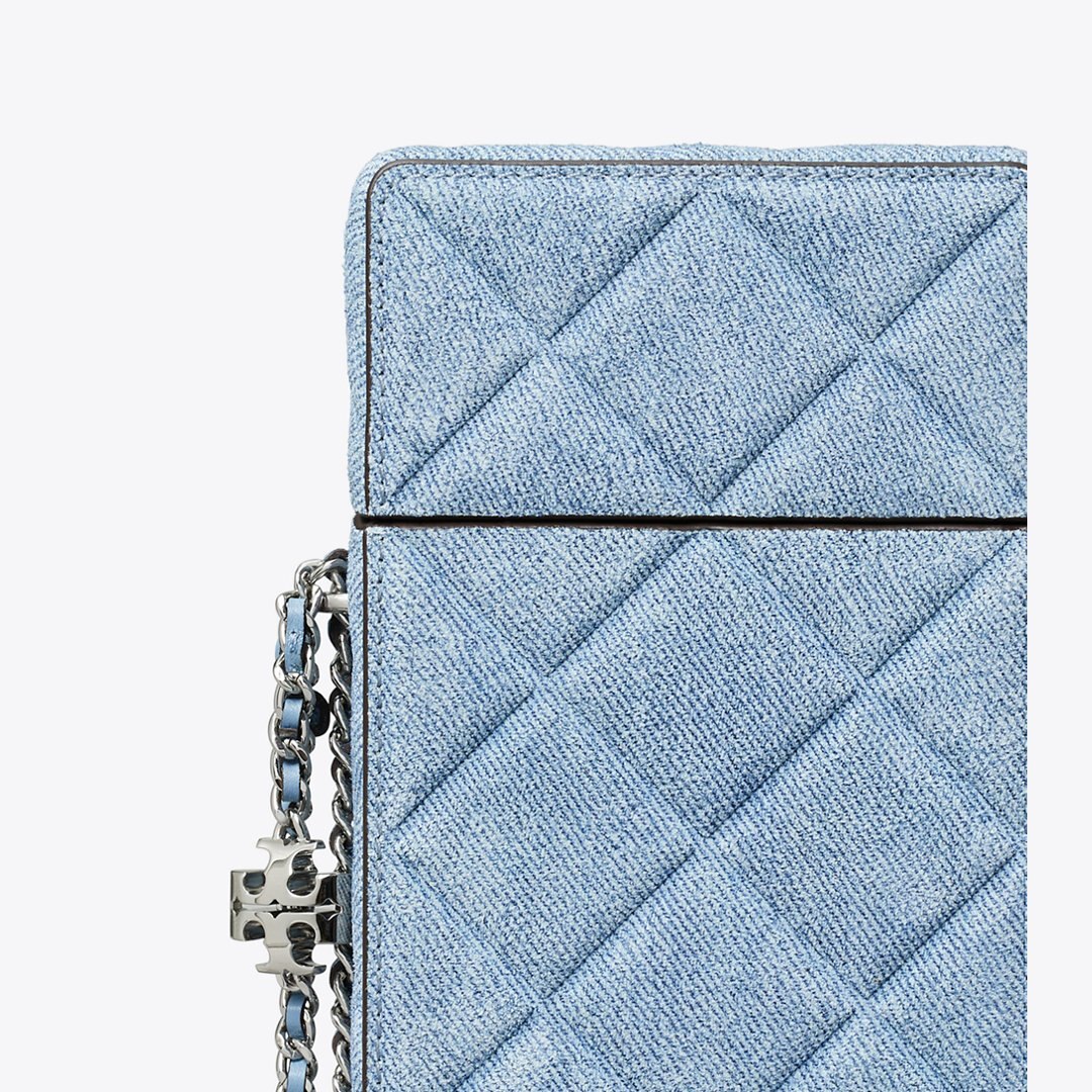 Tory Burch Fleming Denim-Print Suede Phone Crossbody Denim