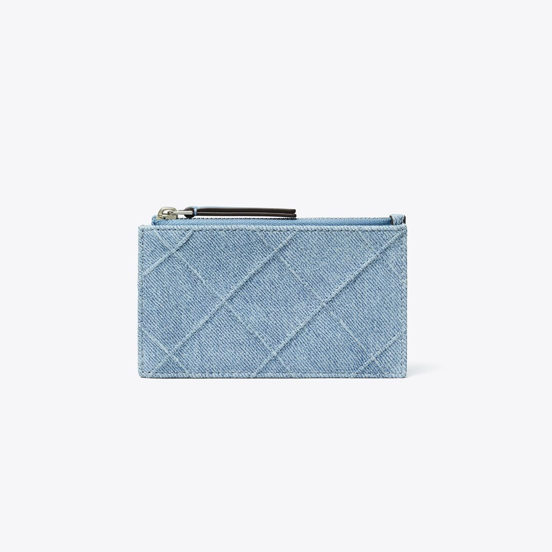 Tory Burch Fleming Denim-Print Suede Zip Card Case Denim