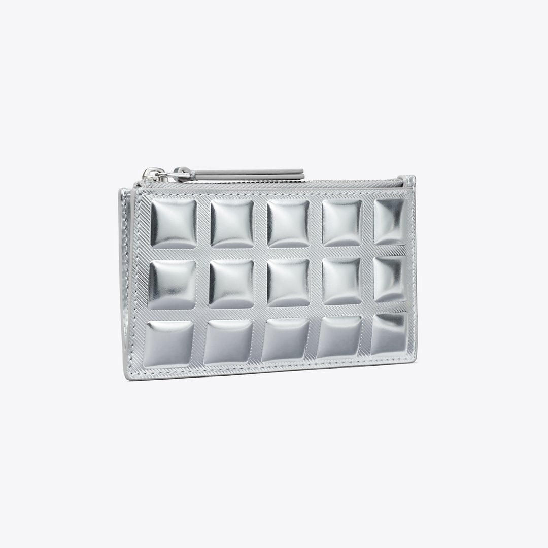 Tory Burch Fleming Metallic Square Quilt Zip Card Case Silver