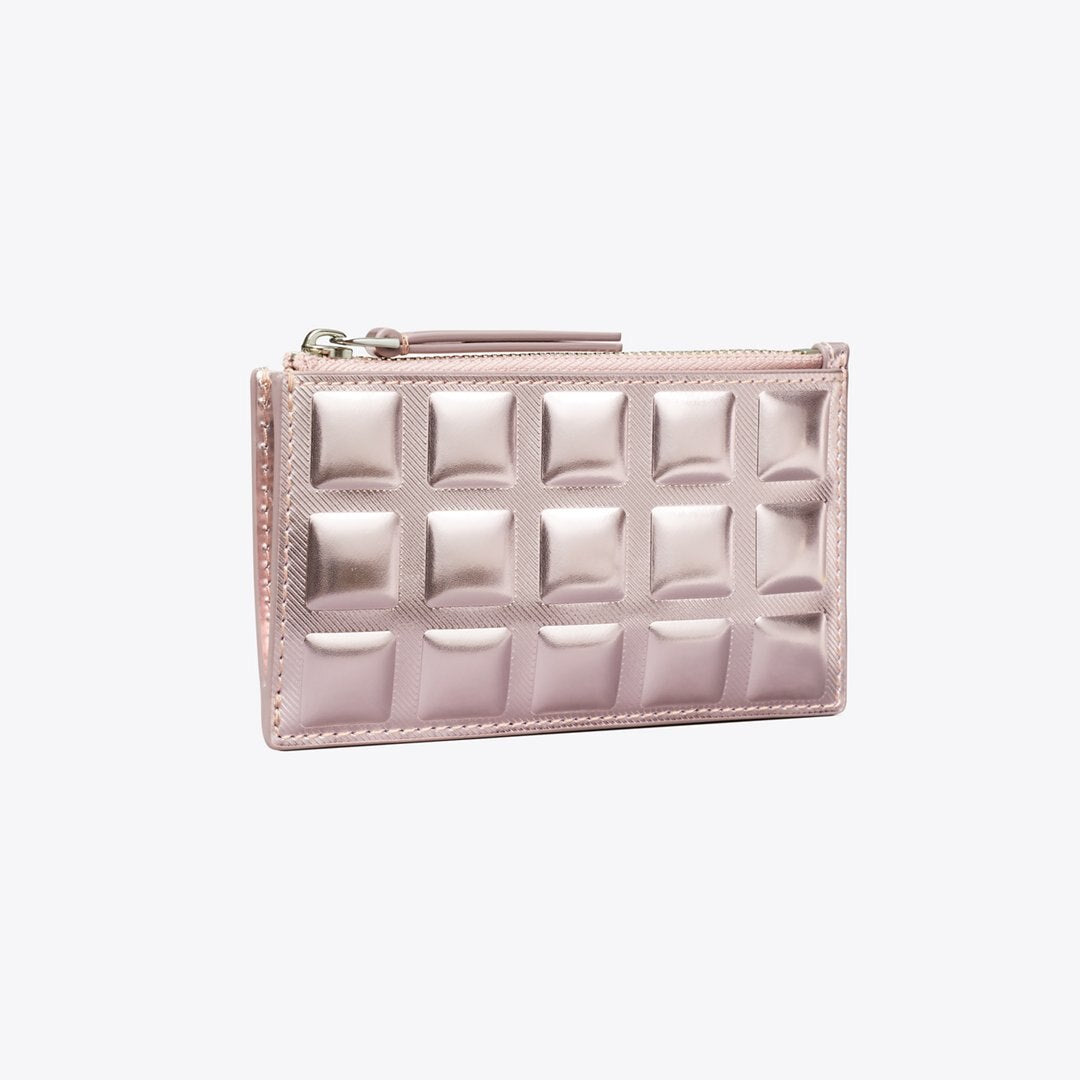 Tory Burch Fleming Metallic Square Quilt Zip Card Case Sparkle Pink