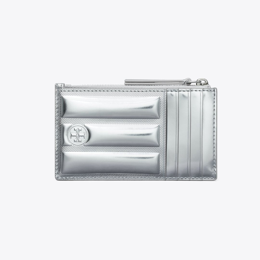 Tory Burch Fleming Metallic Square Quilt Zip Card Case Silver