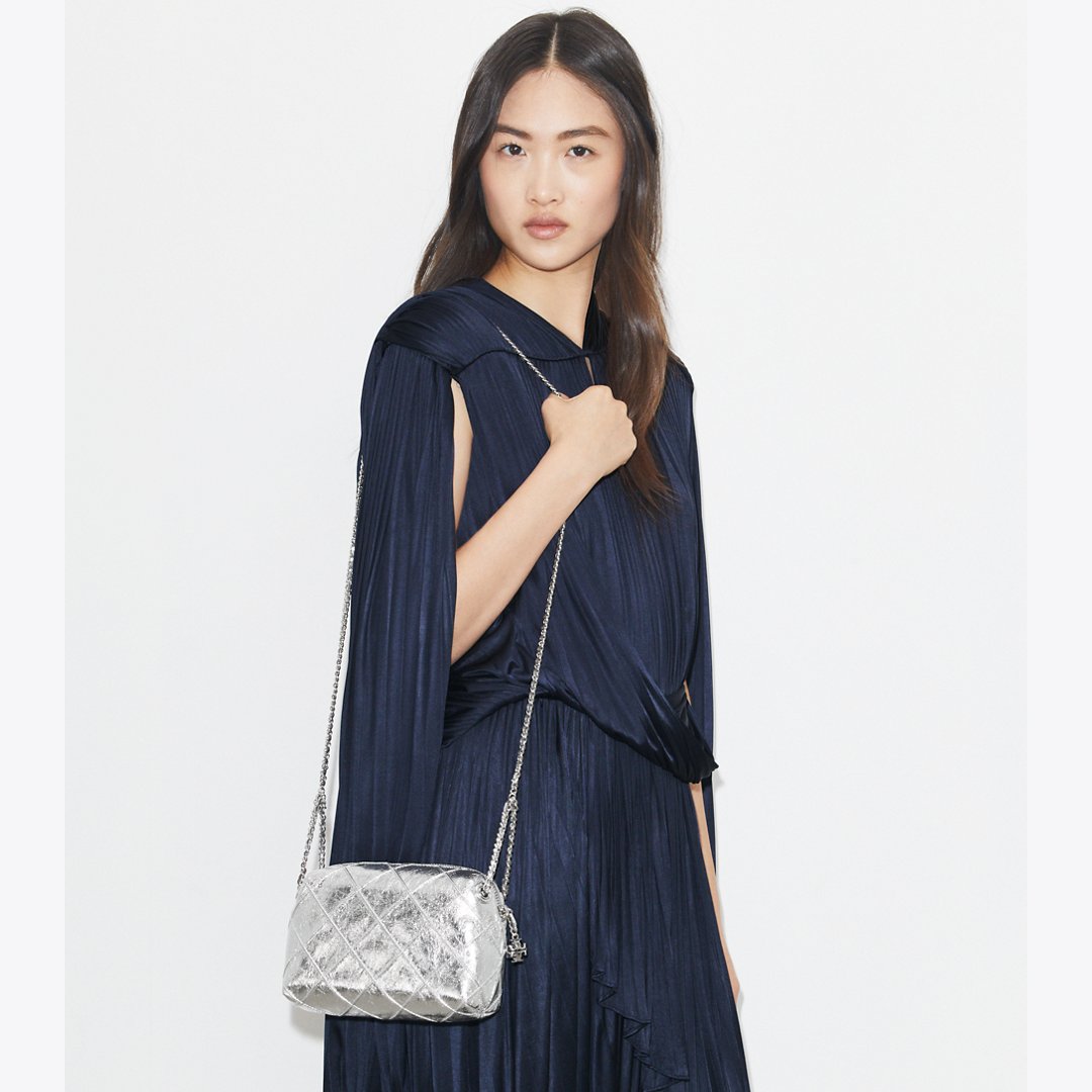 Tory Burch Fleming Soft Metallic Crossbody Bag Silver