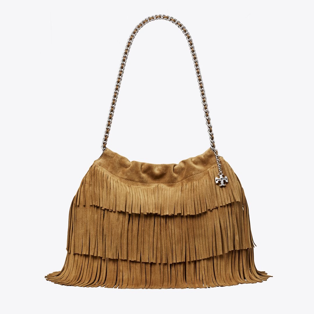 Tory Burch Fleming Suede Fringe Hobo Bag WILD TABACCO