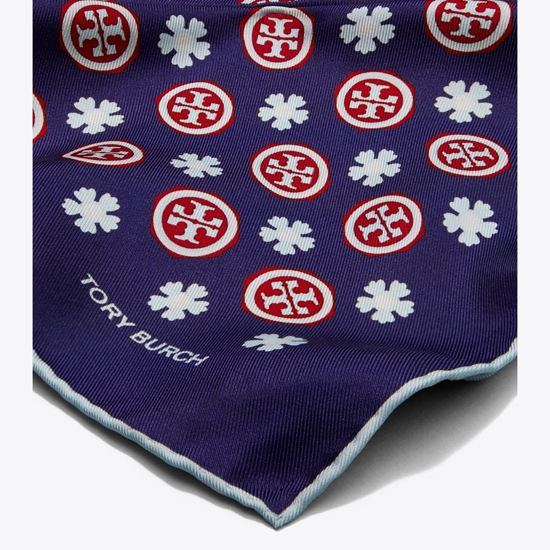 Tory Burch Floral Logo Triangle Scarf Navy Floral Logo