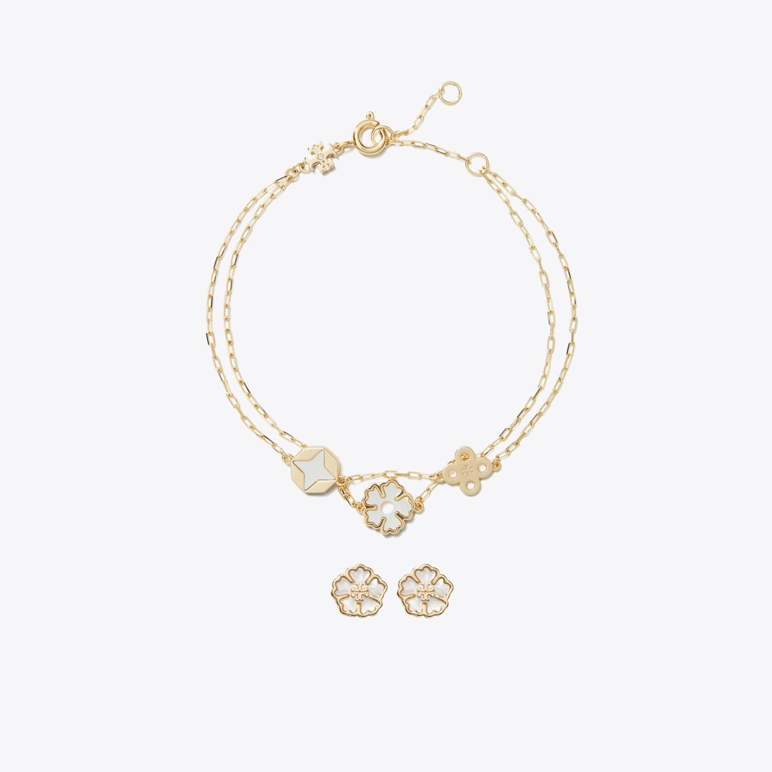 Tory Burch Forget Me Not Bracelet and Earrings Gift Set Tory Gold / Mother of Pearl