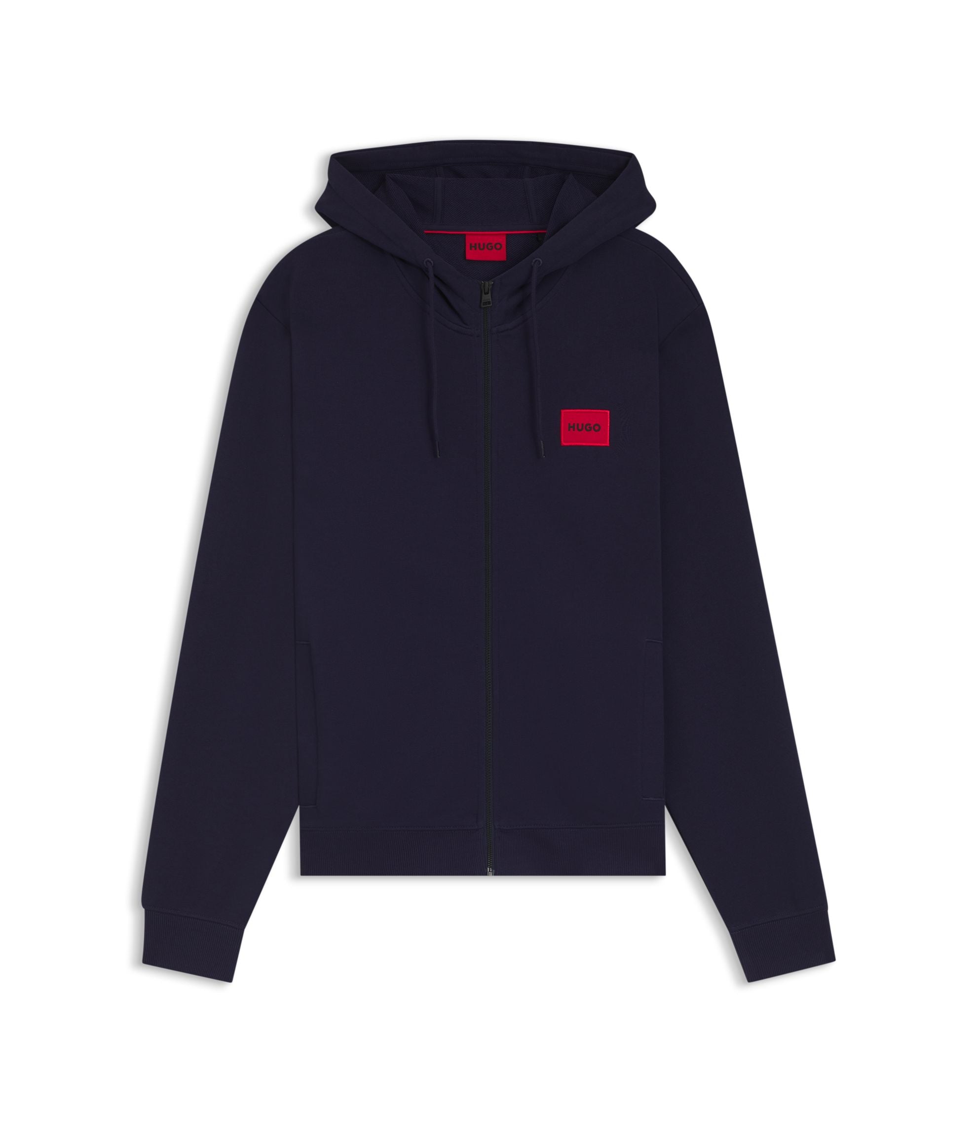 Hugo Cotton Terry Zip Up Hoodie With Logo Label Dark Blue