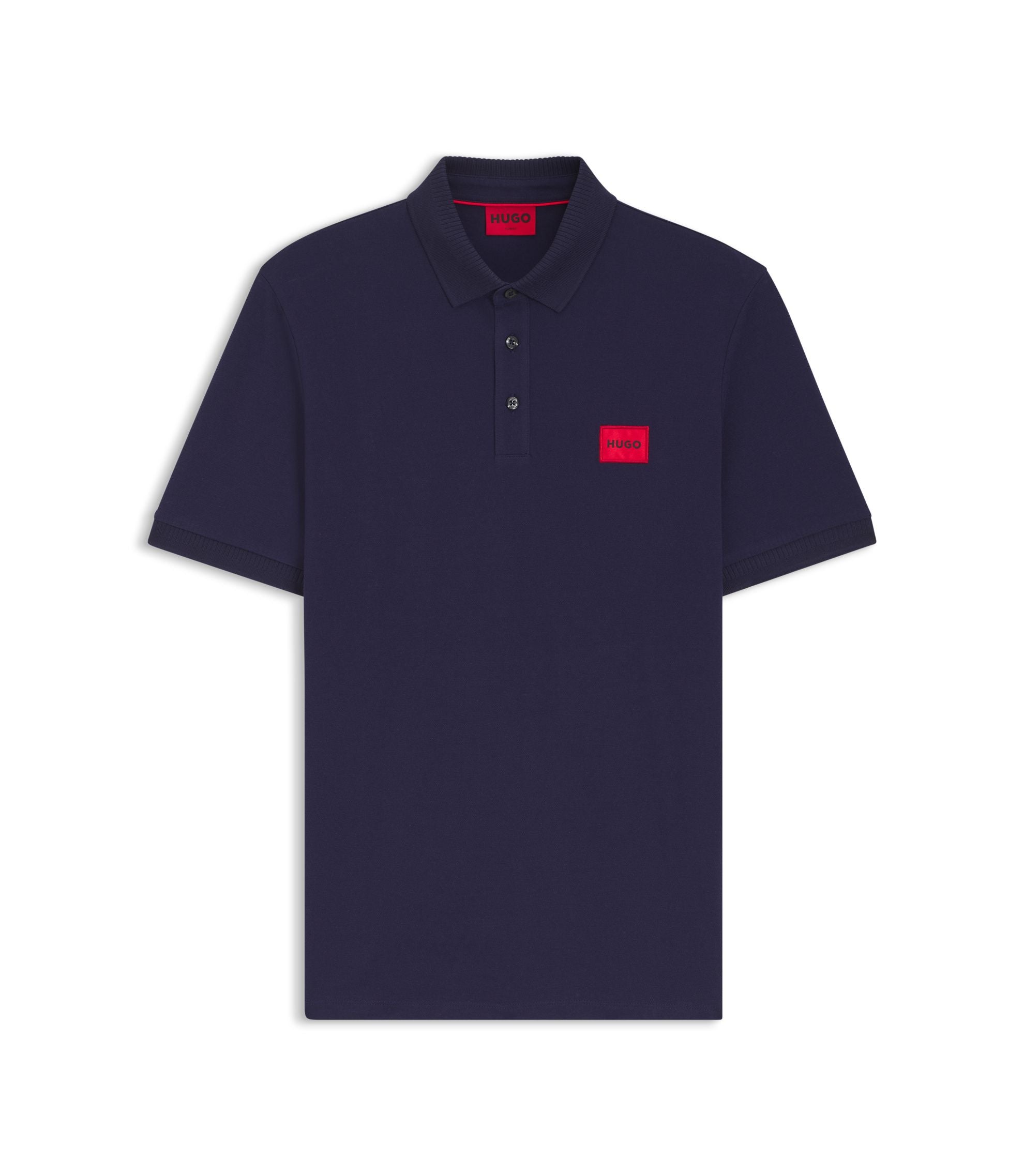 Hugo Cotton Piqu Slim Fit Polo Shirt With Red Logo Label Dark Blue