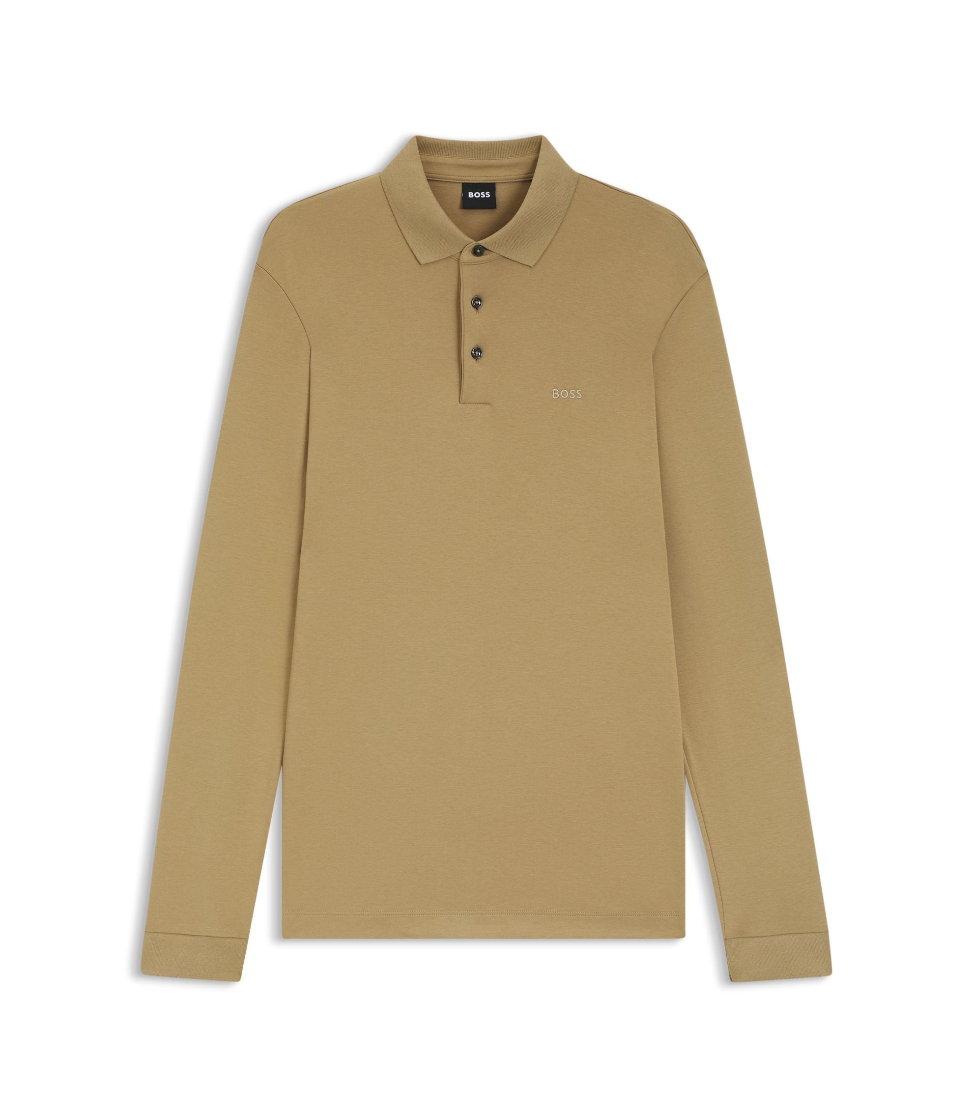 Boss Long Sleeved Polo Shirt In Interlock Cotton With Logo Khaki