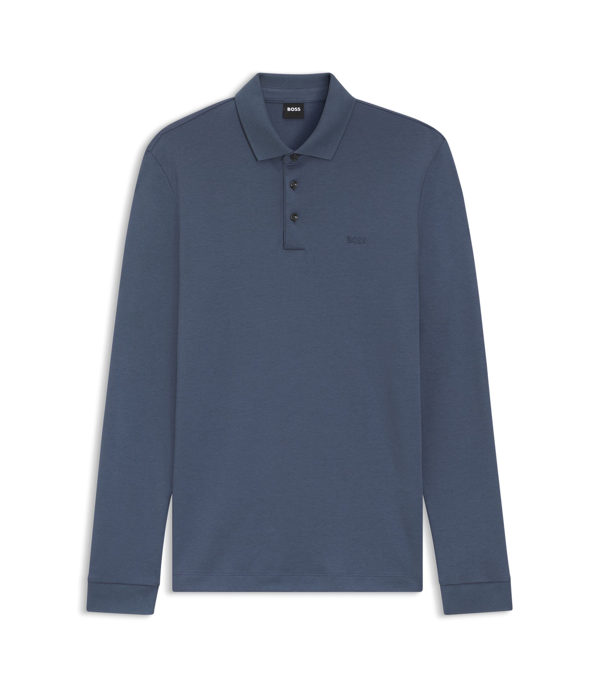 Boss Long Sleeved Polo Shirt In Interlock Cotton With Logo Light Blue