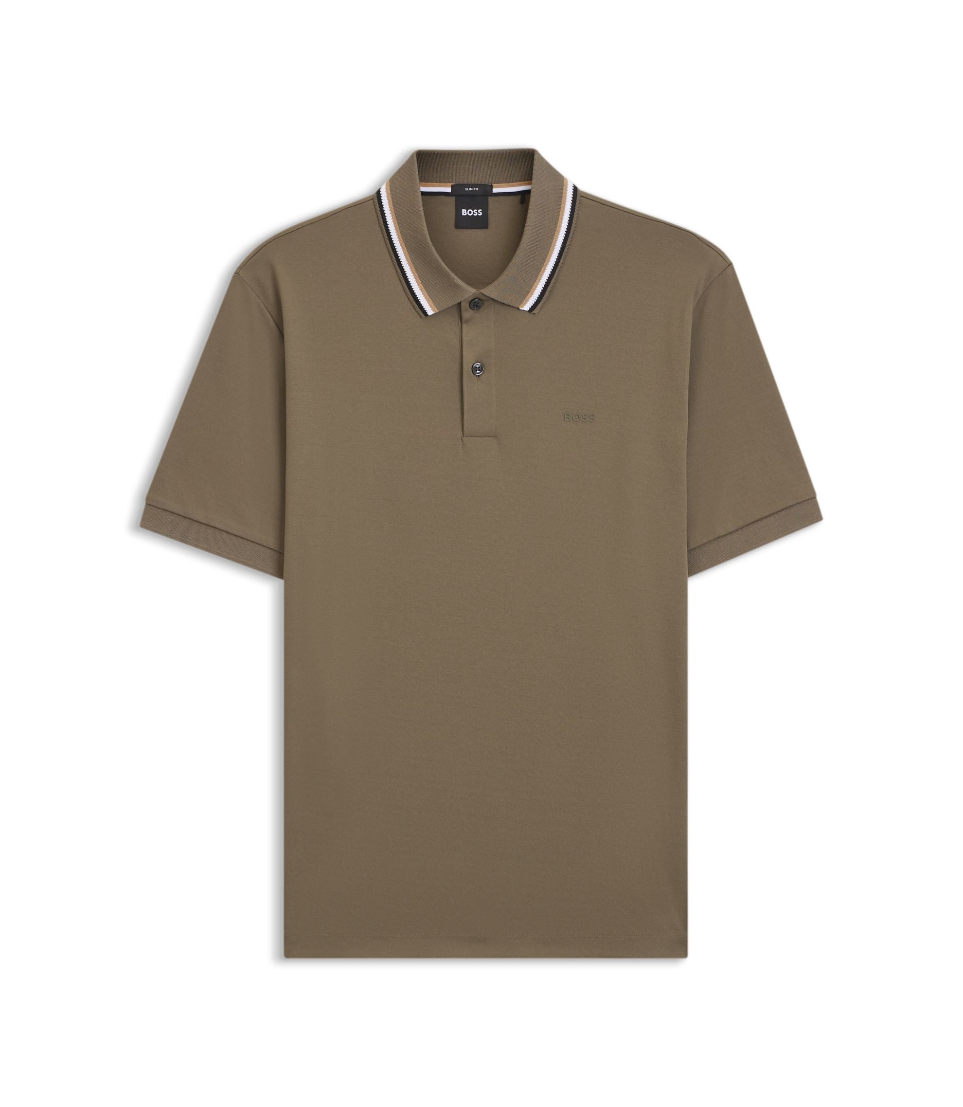 Boss Slim Fit Cotton Polo Shirt With Striped Collar Light Brown