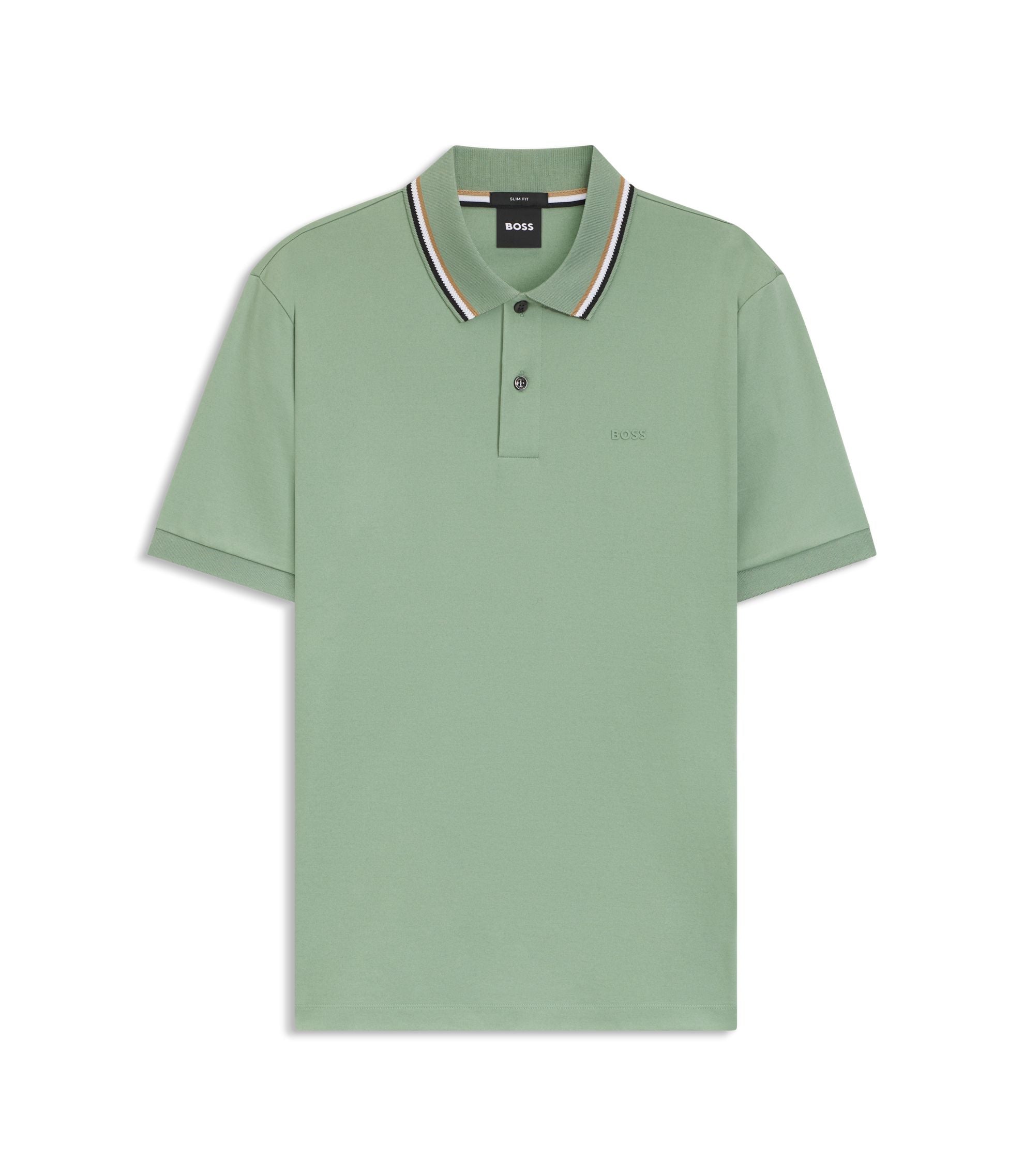 Boss Slim Fit Cotton Polo Shirt With Striped Collar Light Green