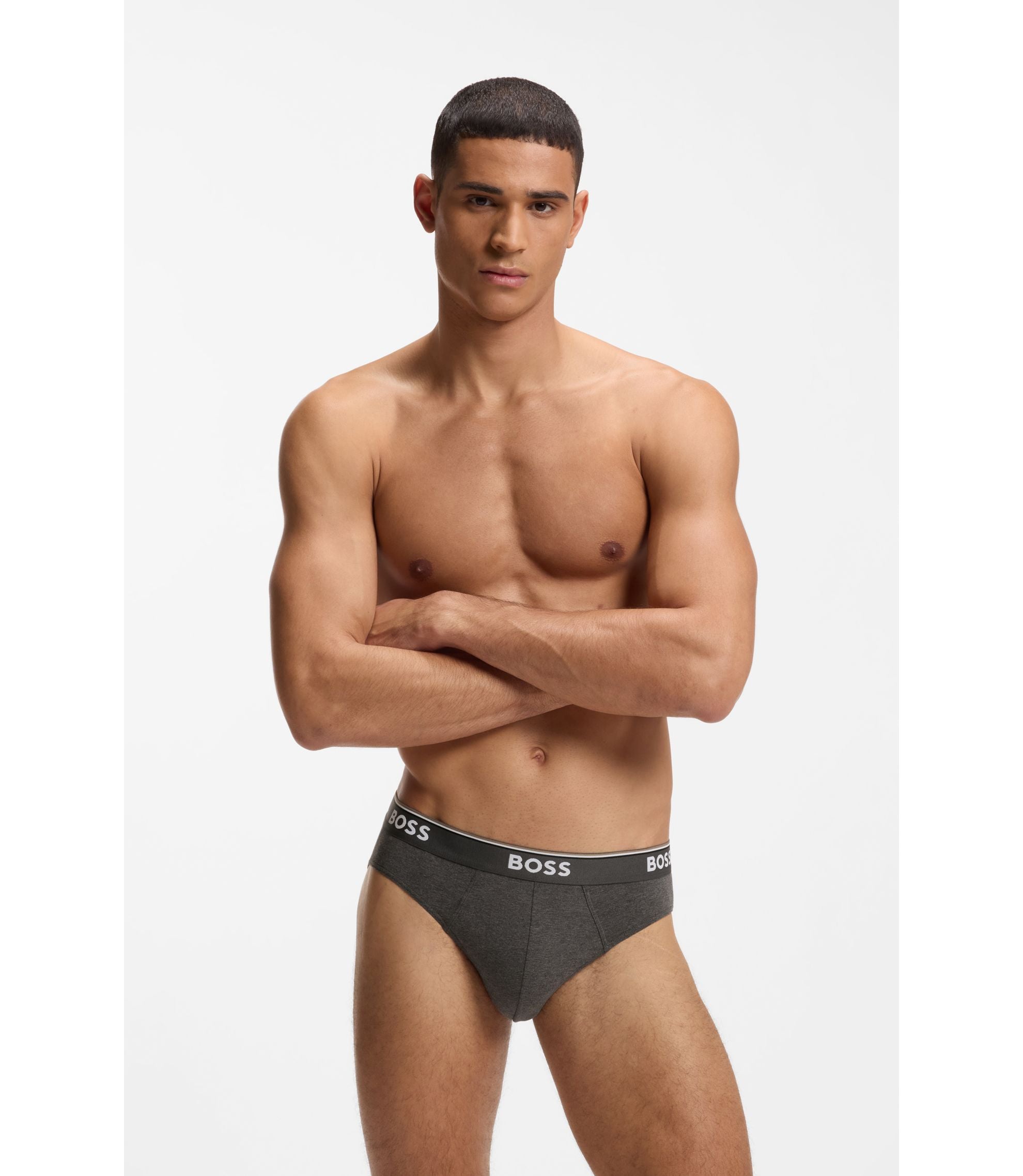 Boss Three Pack Of Stretch Cotton Briefs With Logo Waistband Light Grey