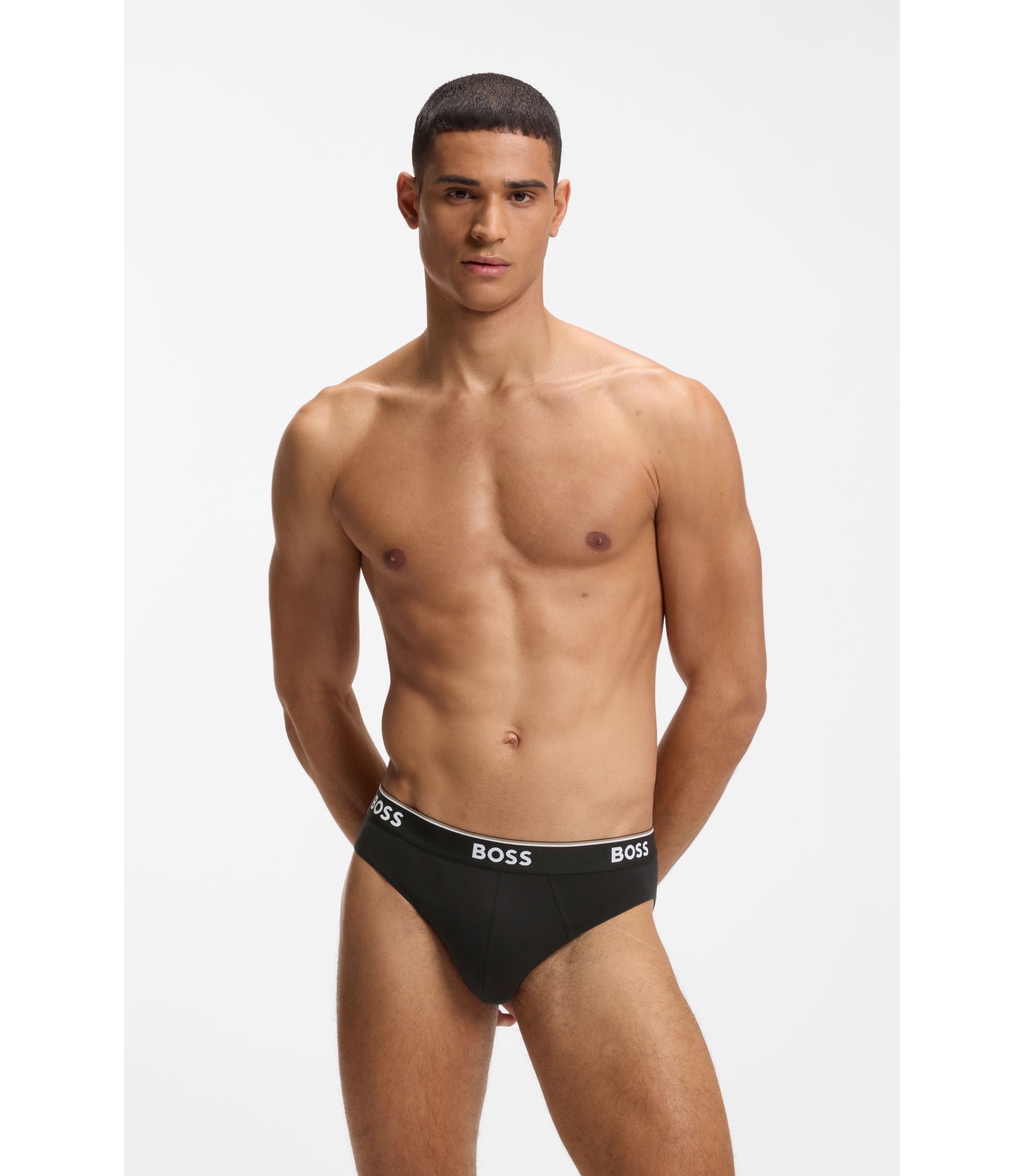 Boss Three Pack Of Stretch Cotton Briefs With Logo Waistband Light Grey
