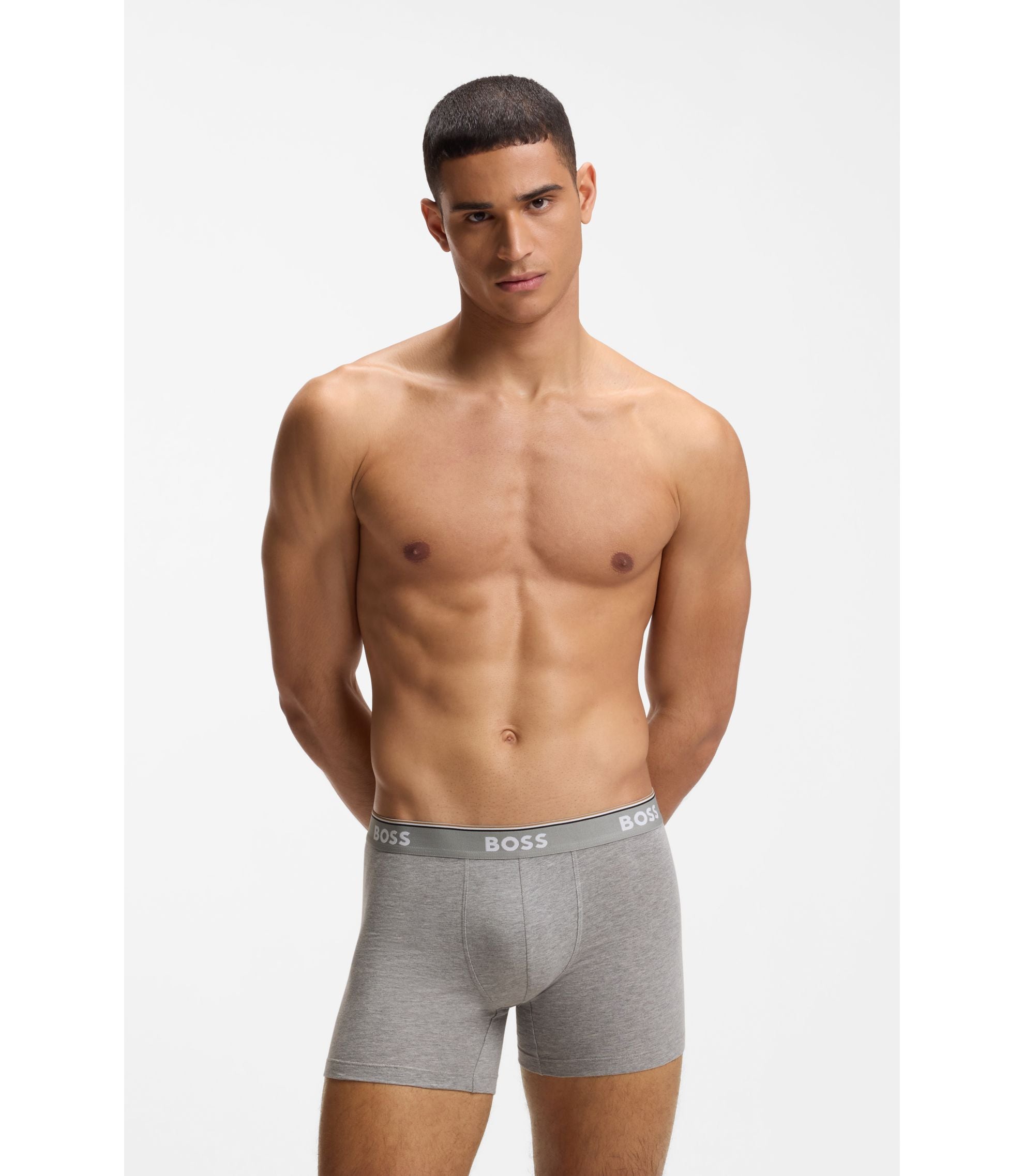 Boss Three Pack Of Boxer Briefs In Stretch Cotton Light Grey