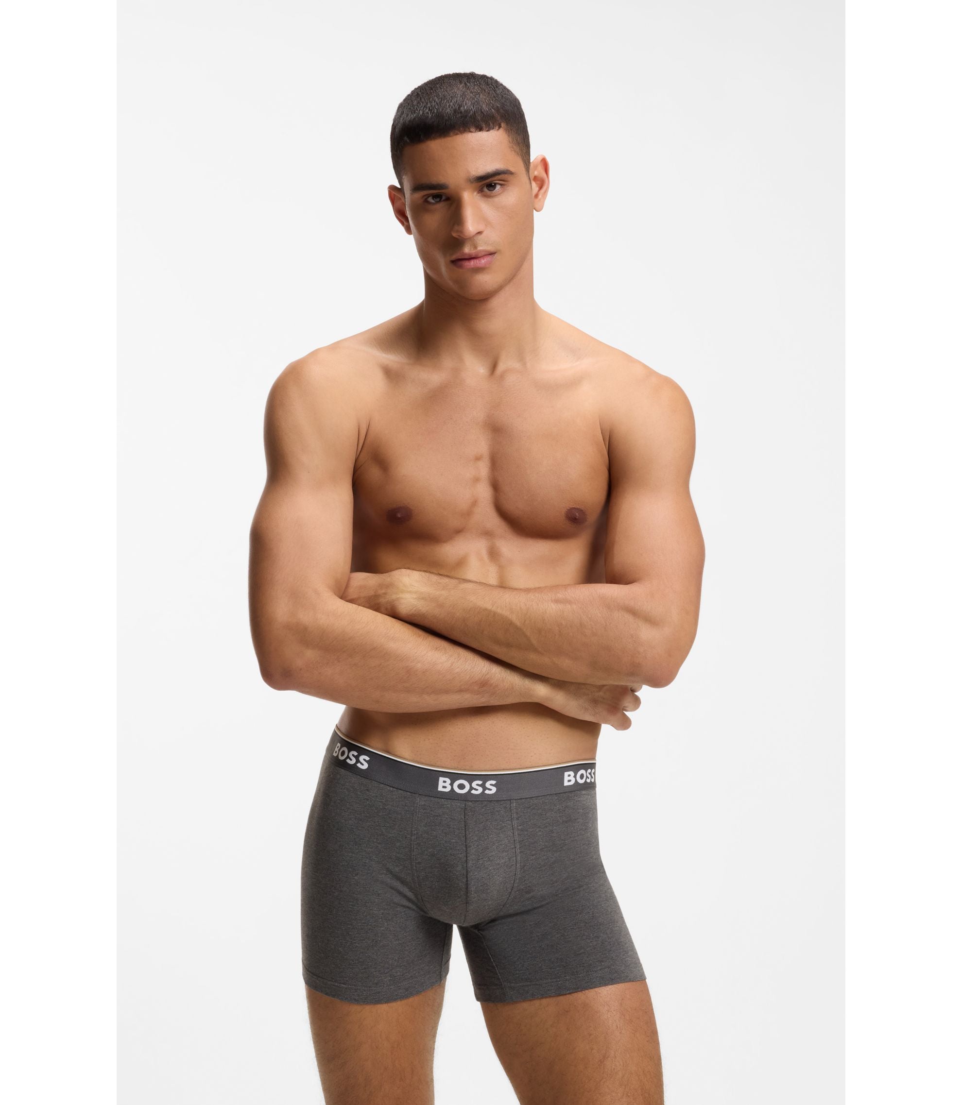 Boss Three Pack Of Boxer Briefs In Stretch Cotton Light Grey