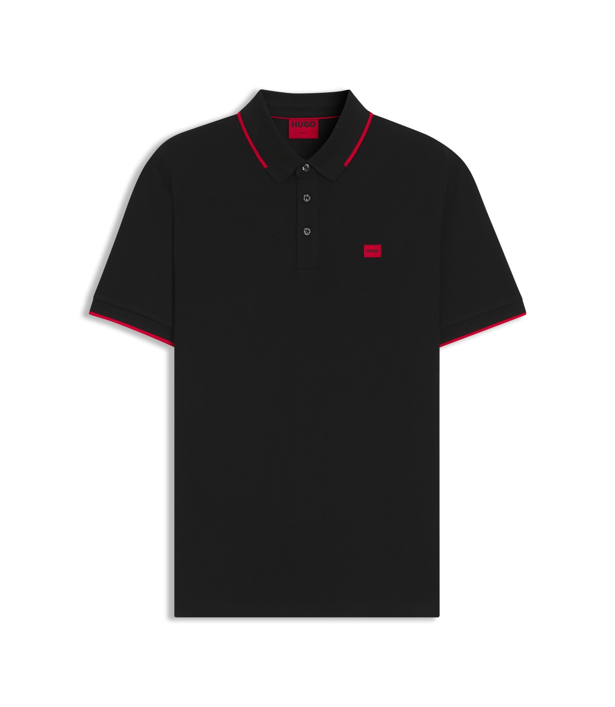 Hugo Cotton Piqu Slim Fit Polo Shirt With Red Logo Label Black