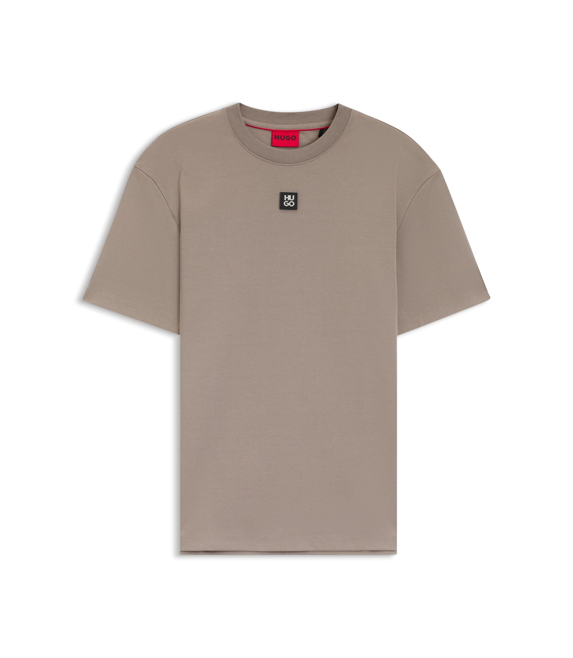Hugo Interlock Cotton T Shirt With Metallic Stacked Logo Badge Light Brown