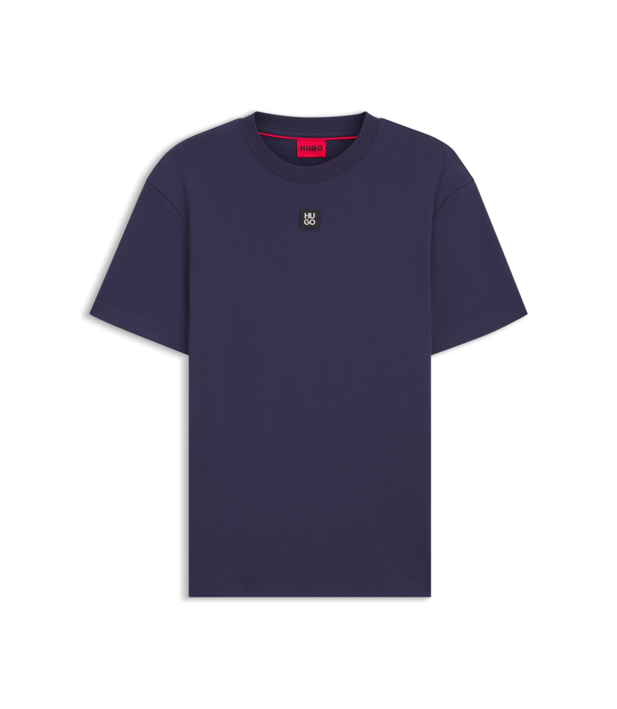 Hugo Interlock Cotton T Shirt With Metallic Stacked Logo Badge Dark Blue