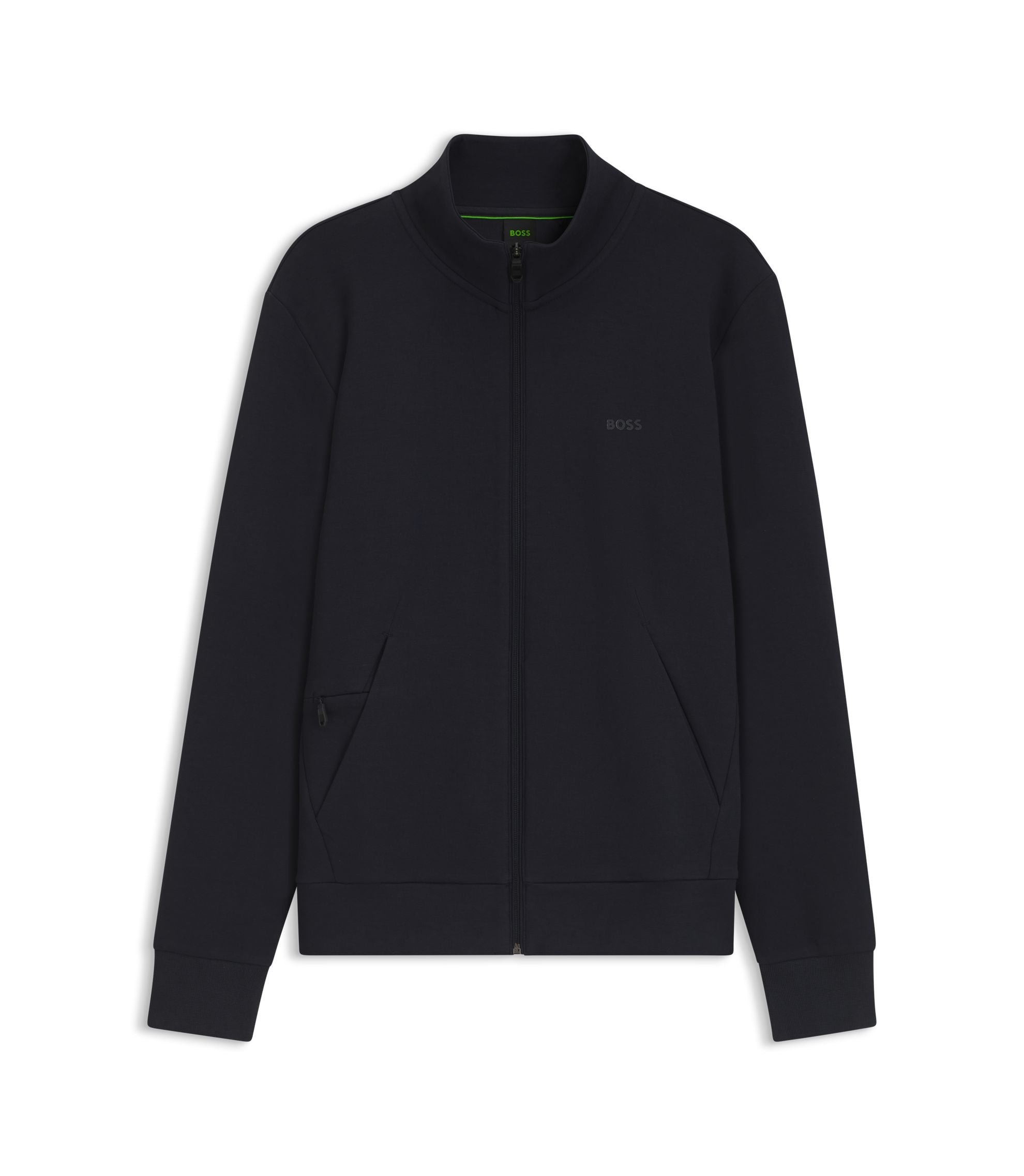 Boss Zip Up Sweatshirt In Stretch Cotton With Logo Print Dark Blue