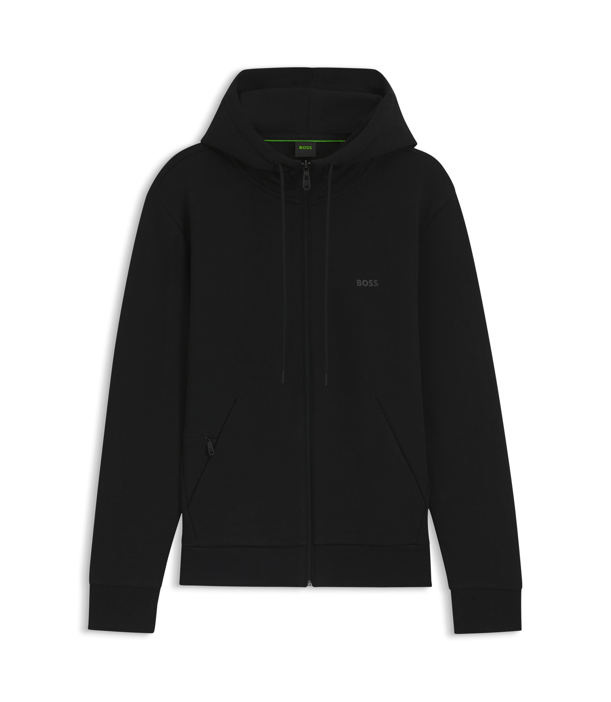 Boss Zip Up Hoodie In Stretch Cotton With Logo Print Black