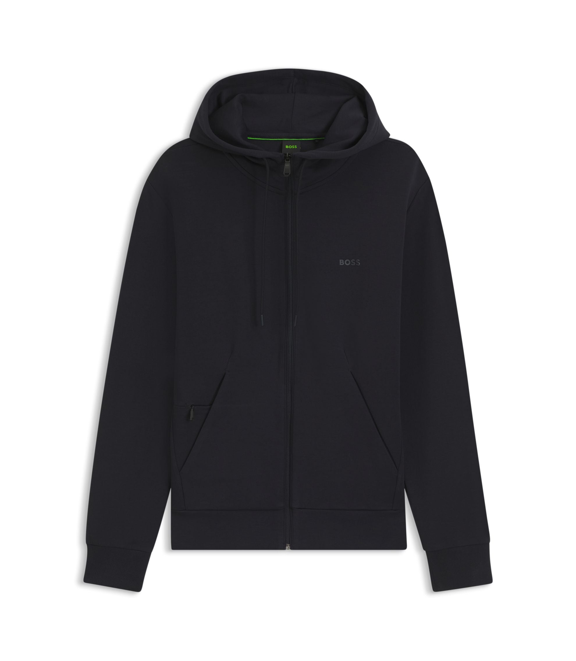 Boss Zip Up Hoodie In Stretch Cotton With Logo Print Dark Blue