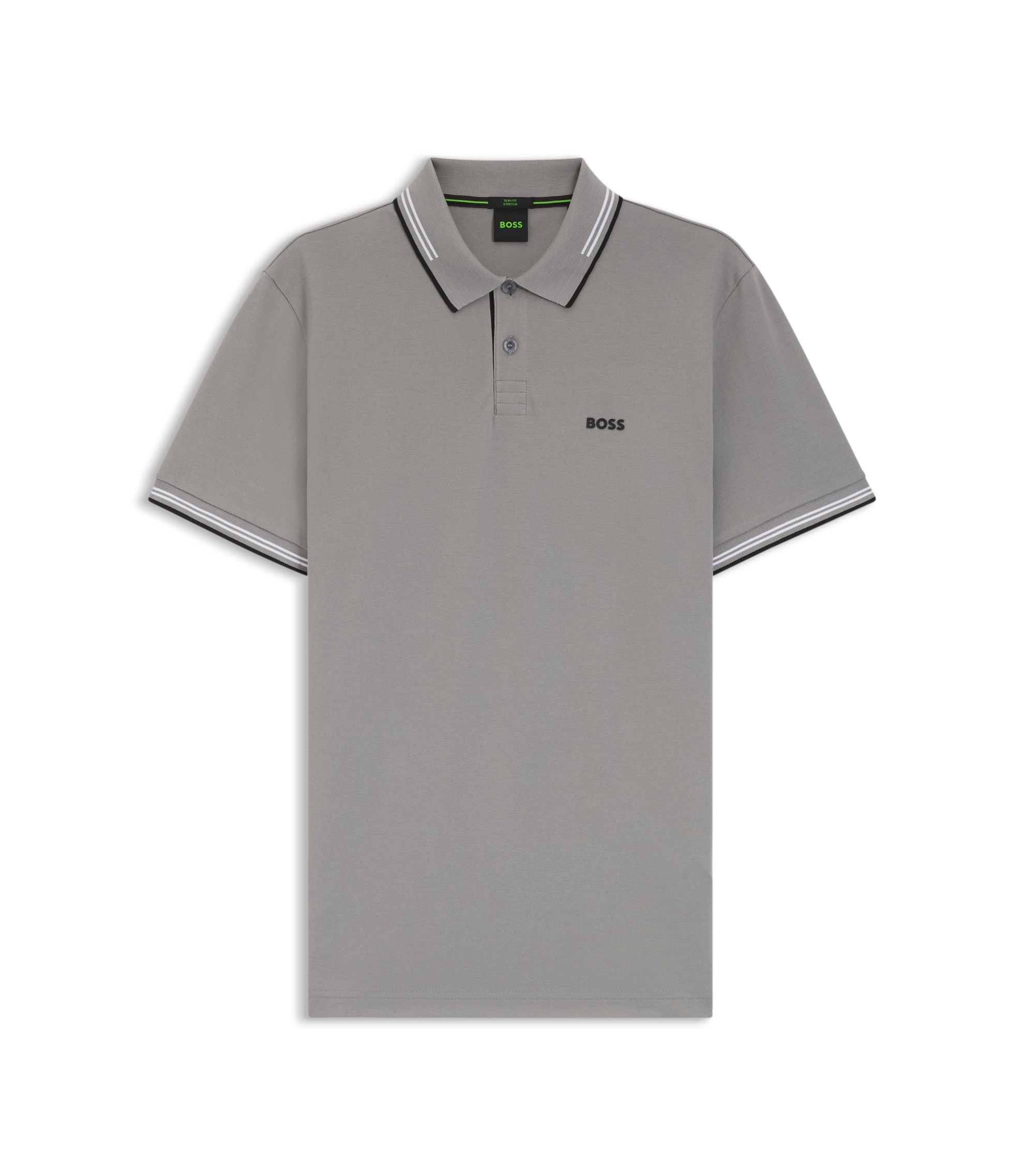 Boss Stretch Cotton Slim Fit Polo Shirt With Branding And Stripes Light Grey