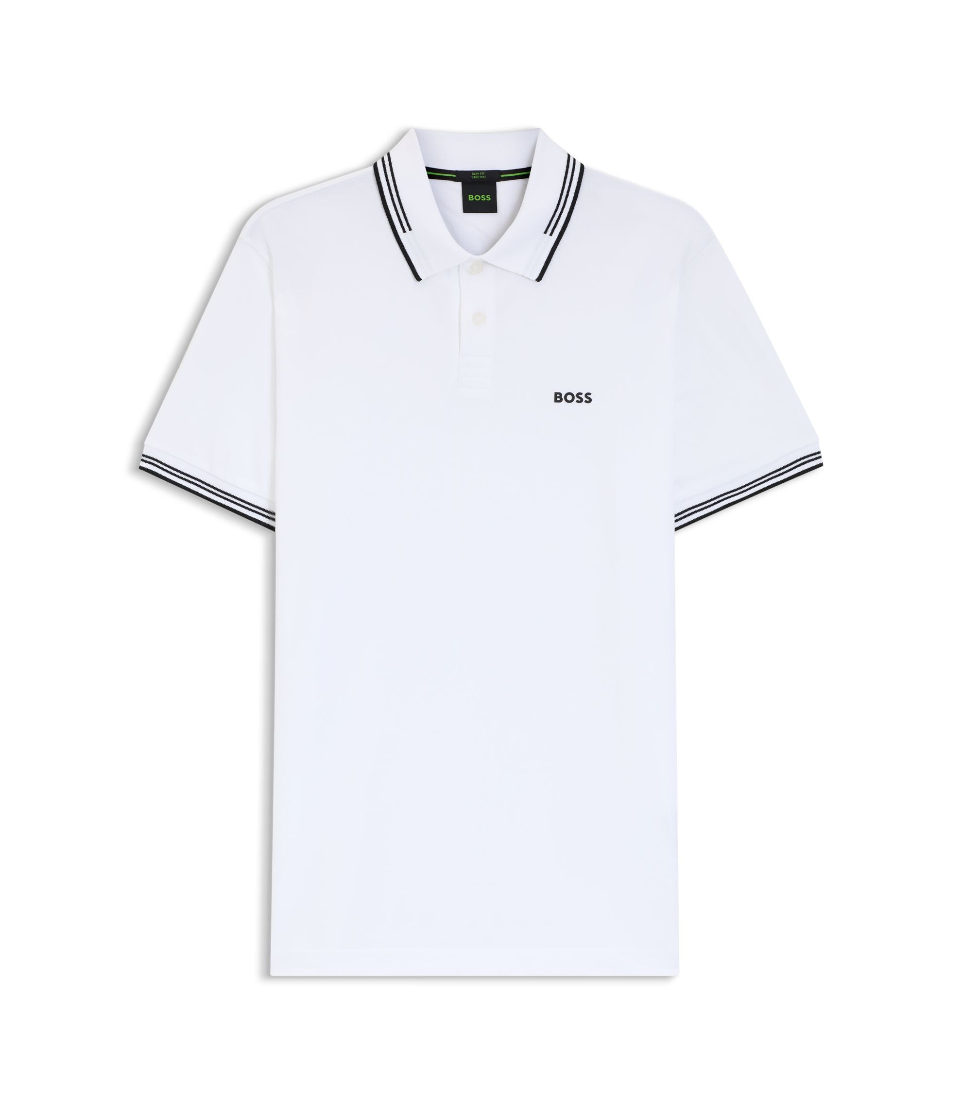 Boss Stretch Cotton Slim Fit Polo Shirt With Branding And Stripes White