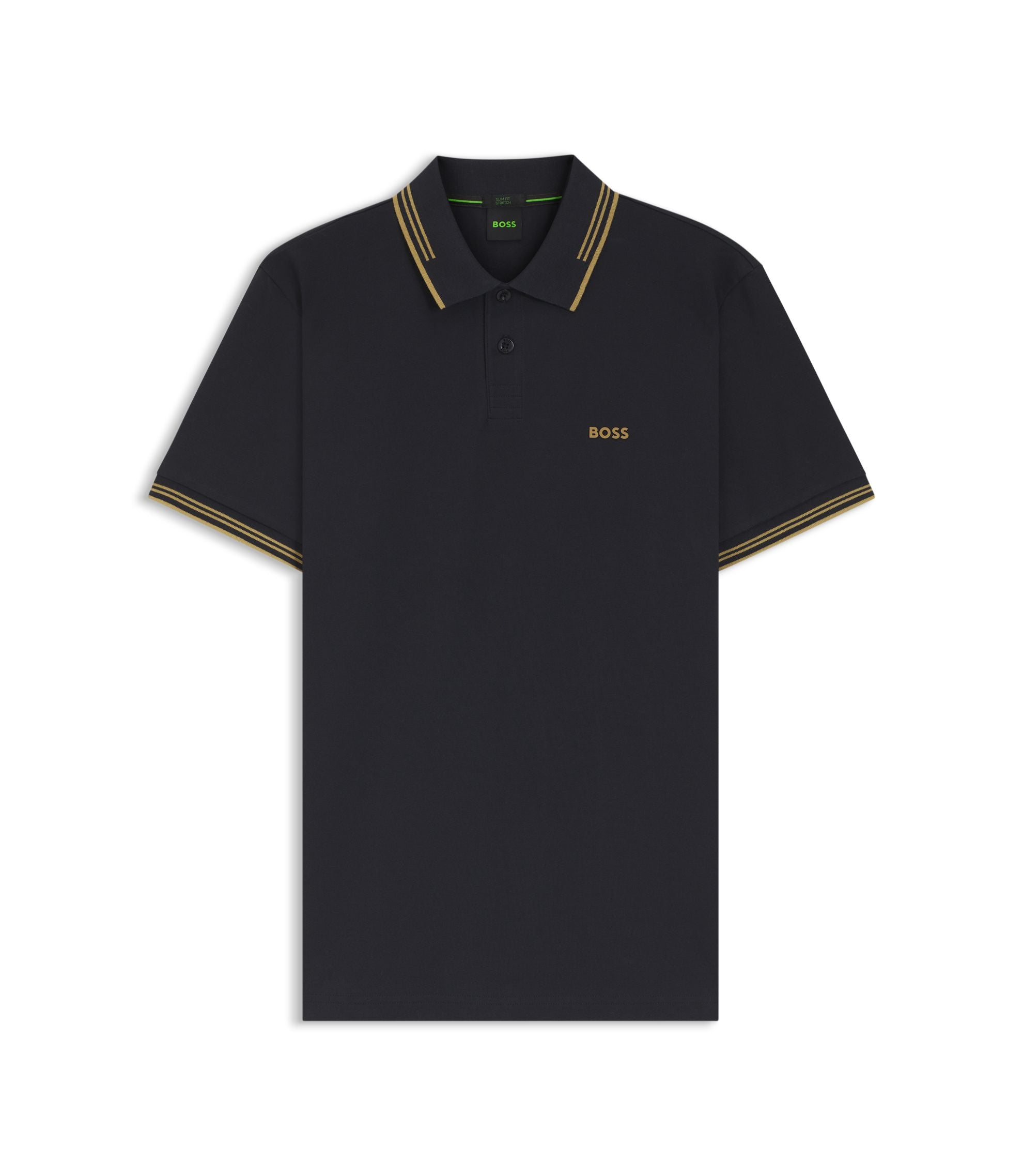 Boss Stretch Cotton Slim Fit Polo Shirt With Branding And Stripes Dark Blue
