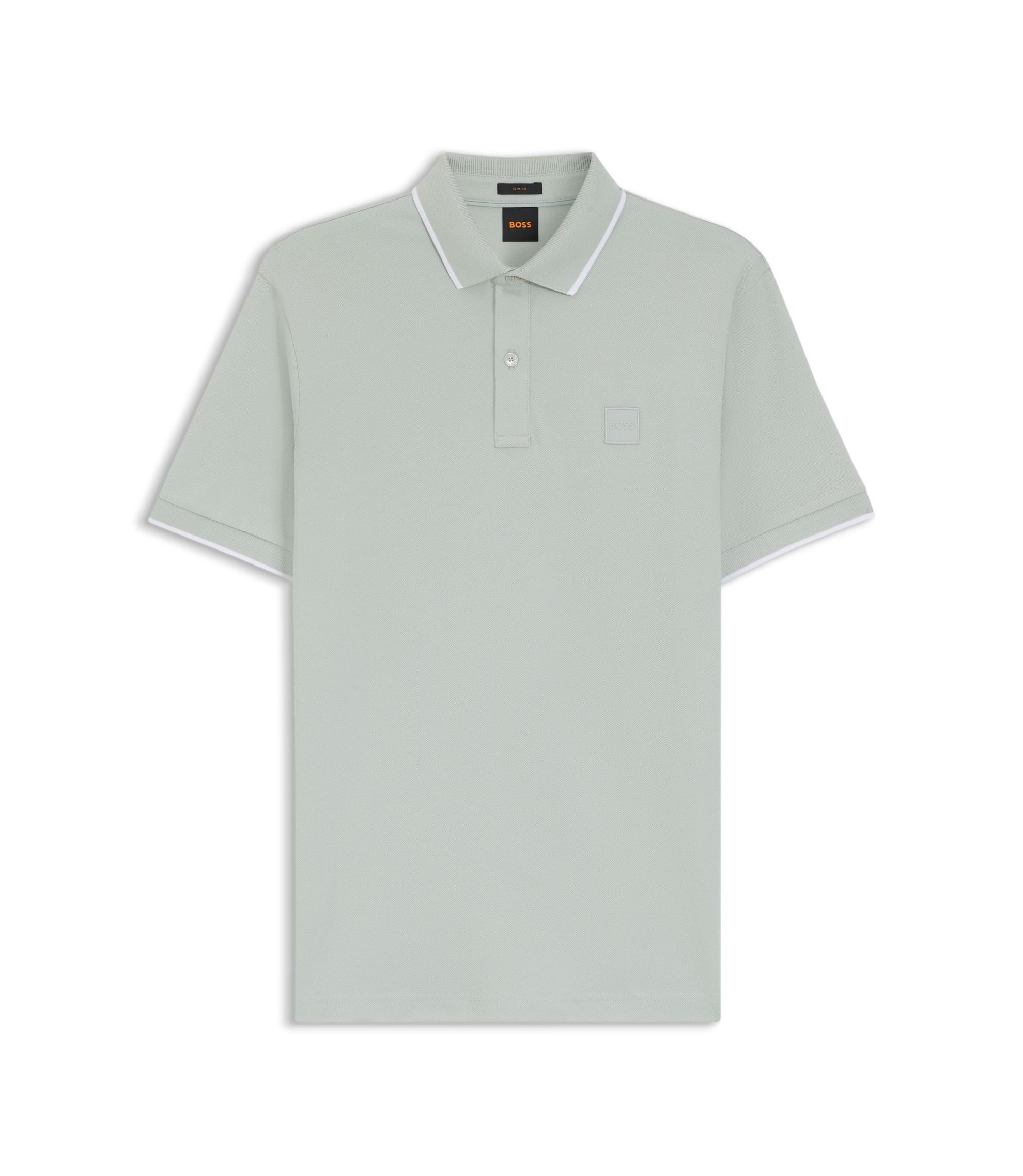Boss Logo Patch Slim Fit Polo Shirt In Stretch Cotton Silver