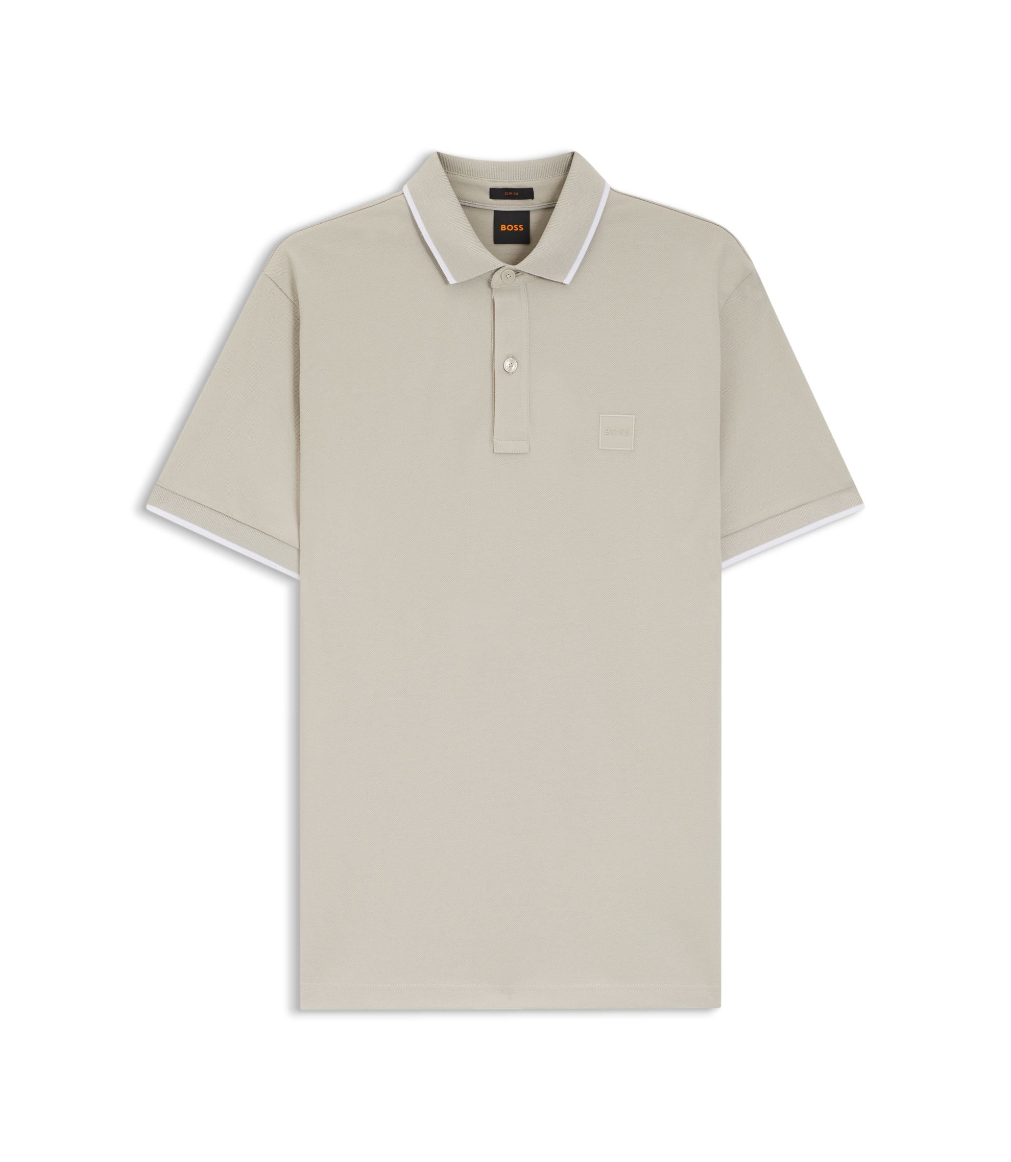 Boss Logo Patch Slim Fit Polo Shirt In Stretch Cotton Light Grey