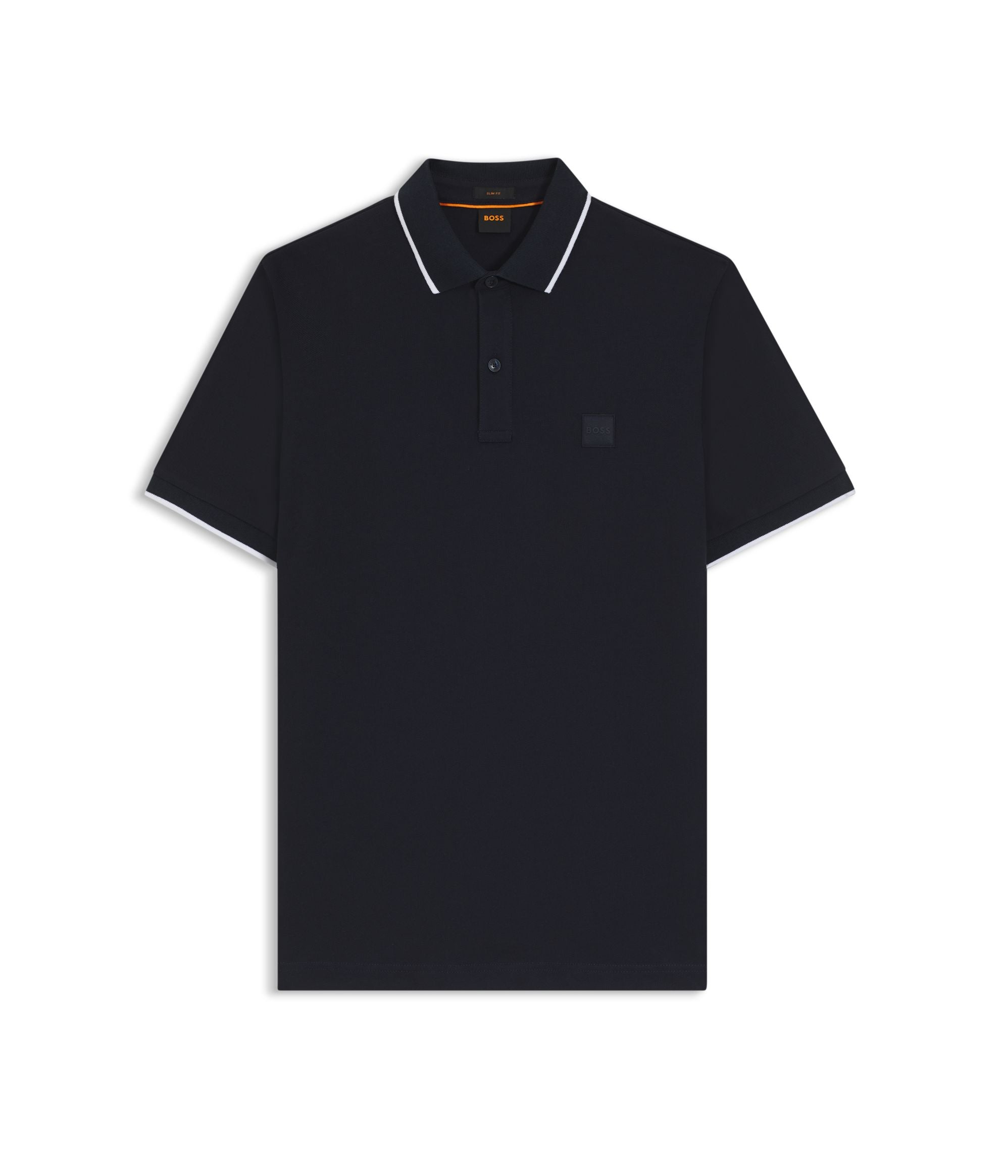 Boss Logo Patch Slim Fit Polo Shirt In Stretch Cotton Dark Blue