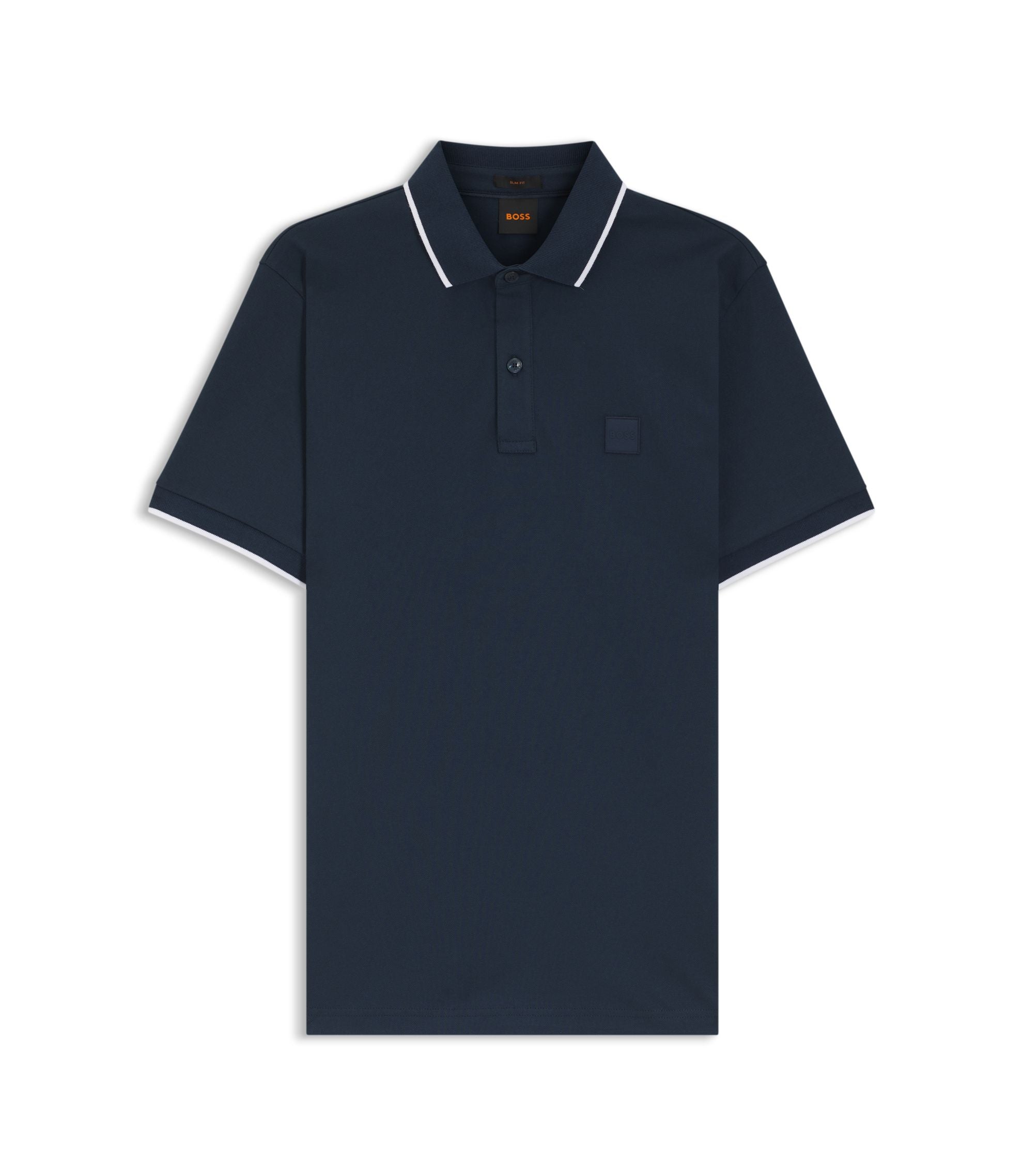 Boss Logo Patch Slim Fit Polo Shirt In Stretch Cotton Light Blue