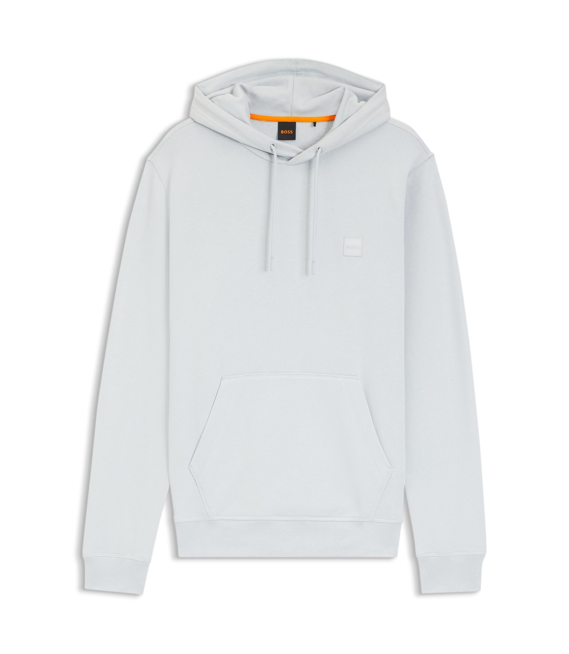 Boss Logo Patch Hoodie In Cotton Terry Light Grey