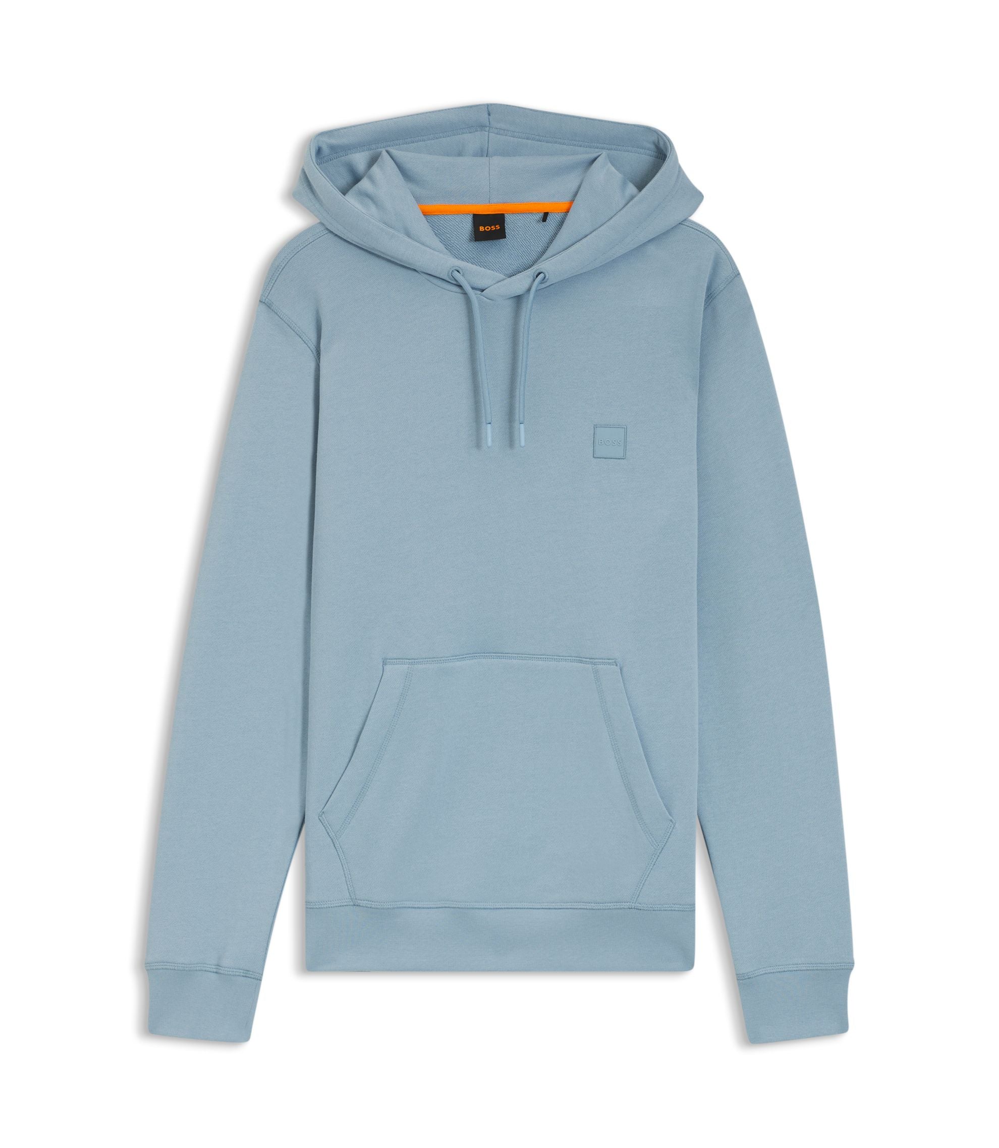 Boss Logo Patch Hoodie In Cotton Terry Light Blue