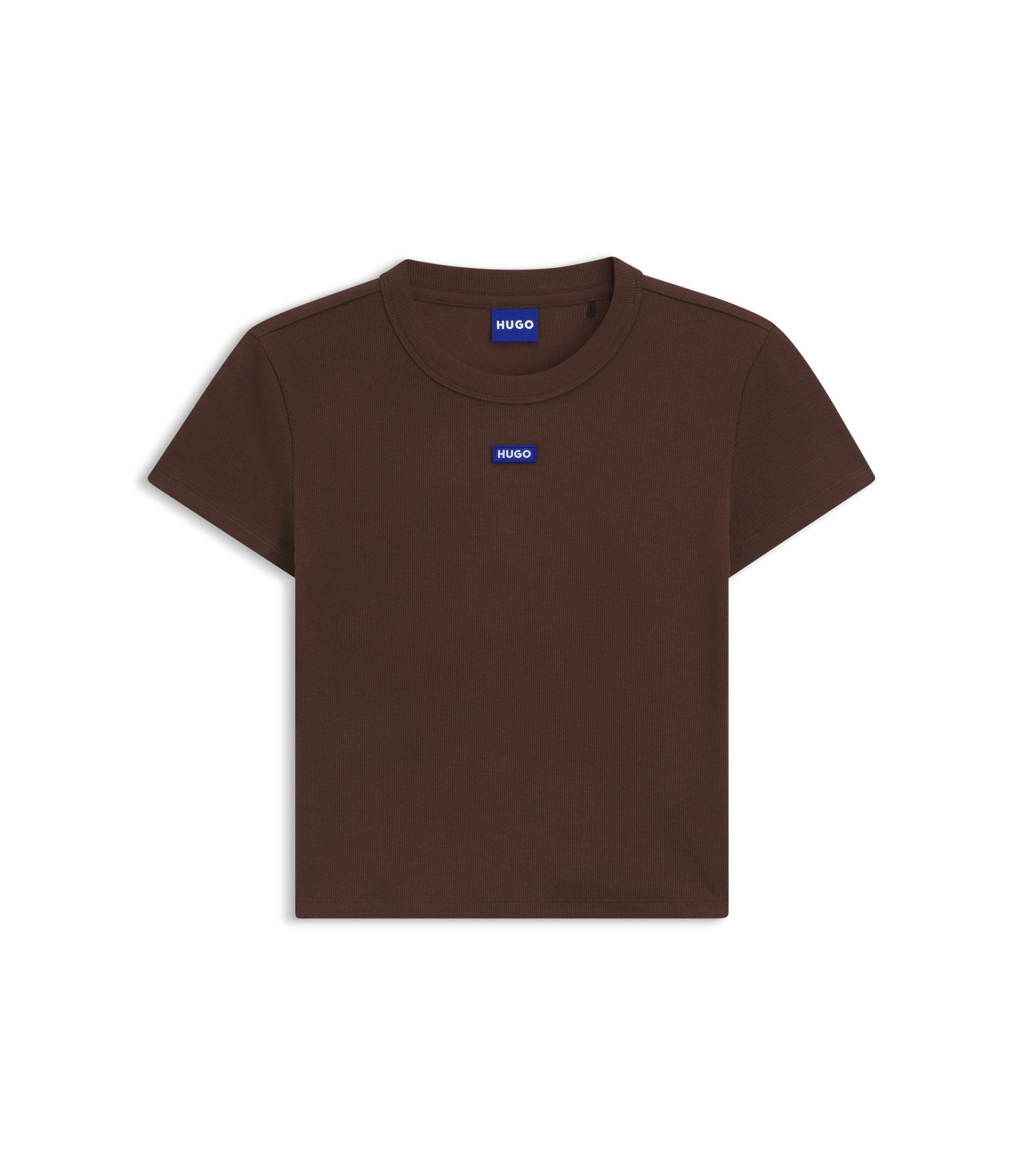 Hugo Logo Badge Slim Fit T Shirt In Stretch Cotton Brown Women's