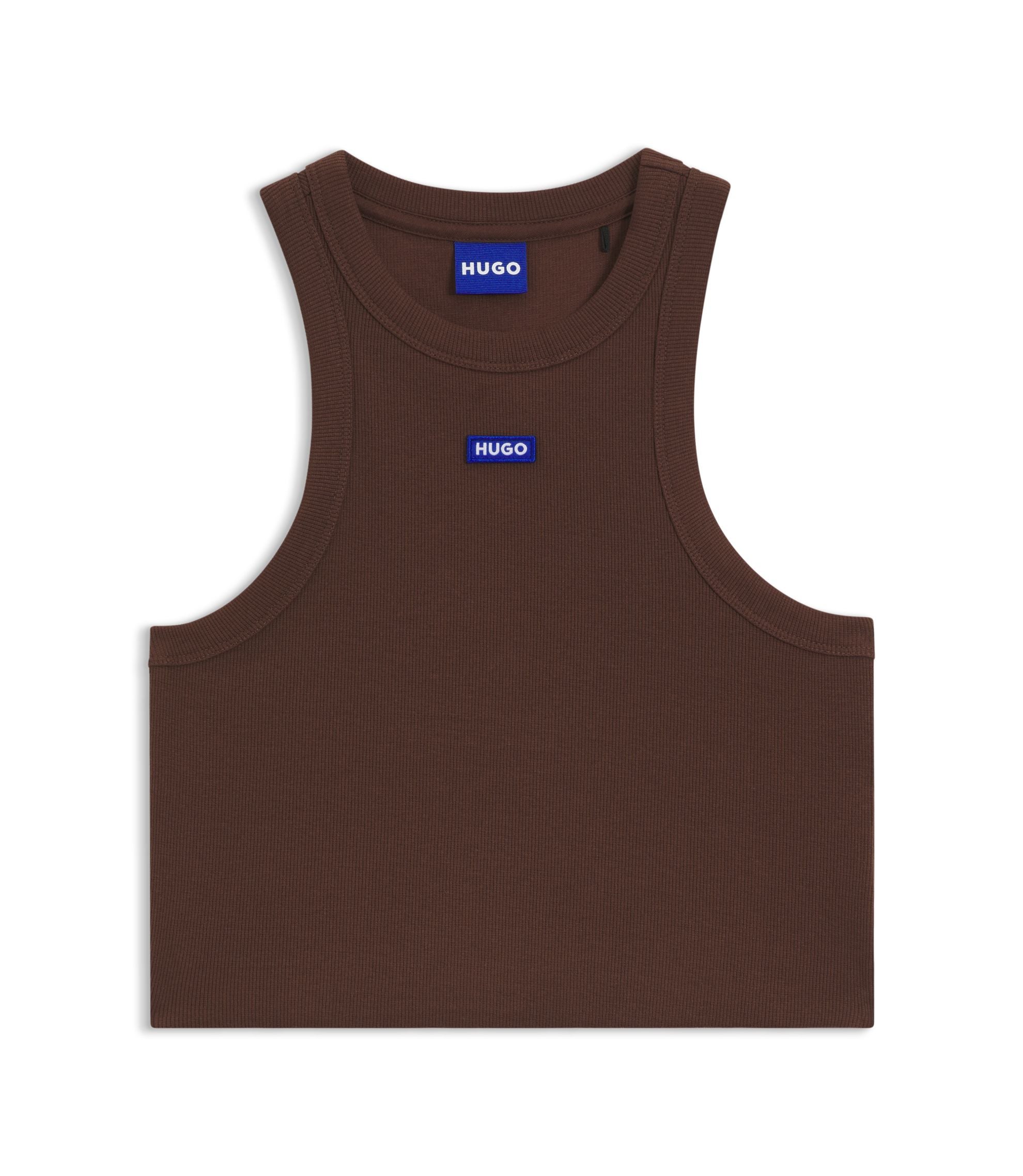 Hugo Cropped Stretch Cotton Tank Top With Blue Logo Label Brown Women's