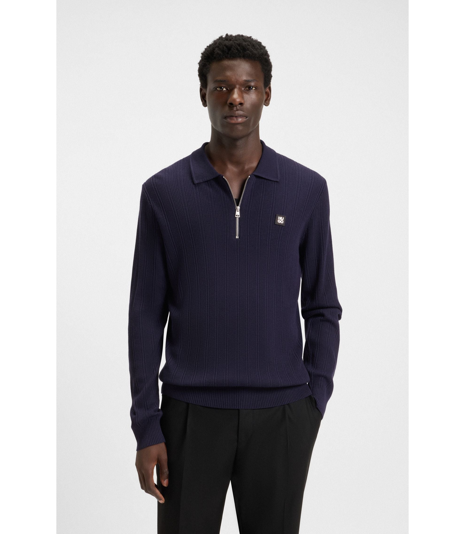 Hugo Stacked Logo Sweater With Zip Collar Dark Blue – Kicks Machine