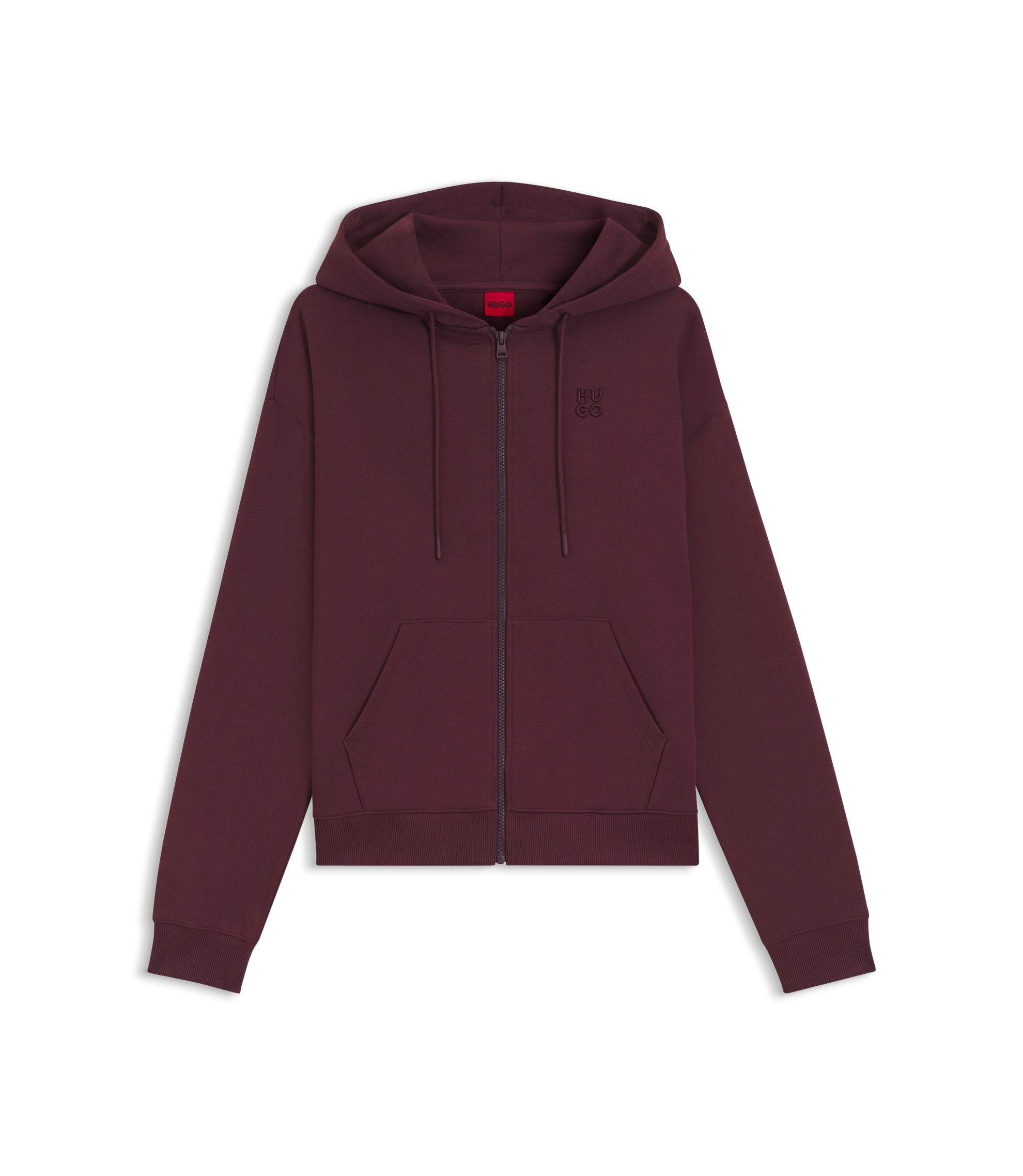 Hugo Cotton Terry Zip Up Hoodie With Stacked Logo Embroidery Dark Purple Women's