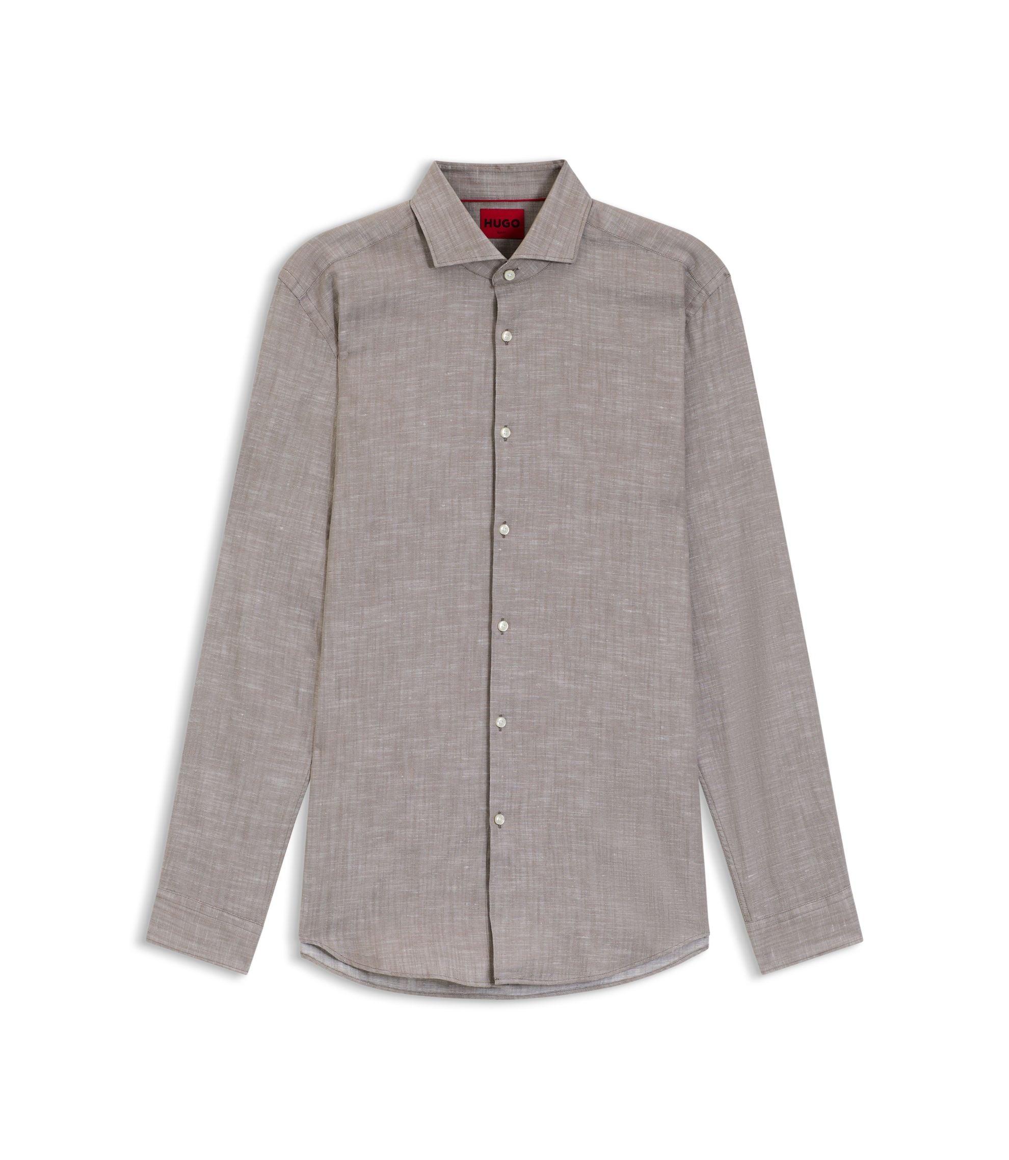 Hugo Slim Fit Shirt In Cotton And Linen Light Brown