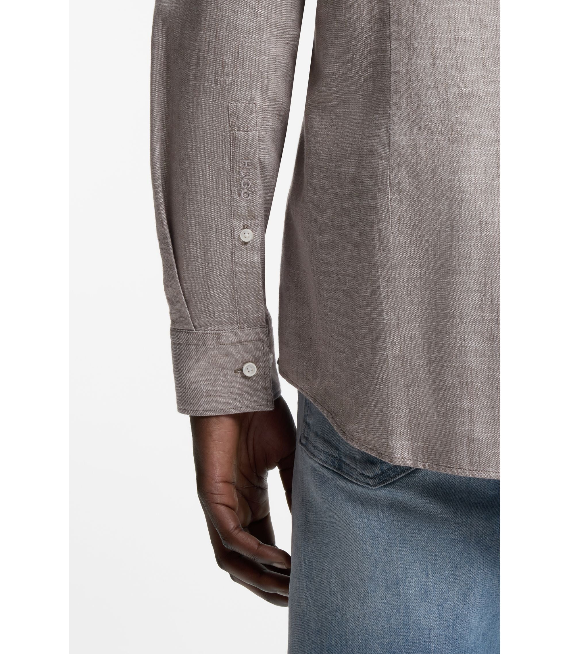 Hugo Slim Fit Shirt In Cotton And Linen Light Brown