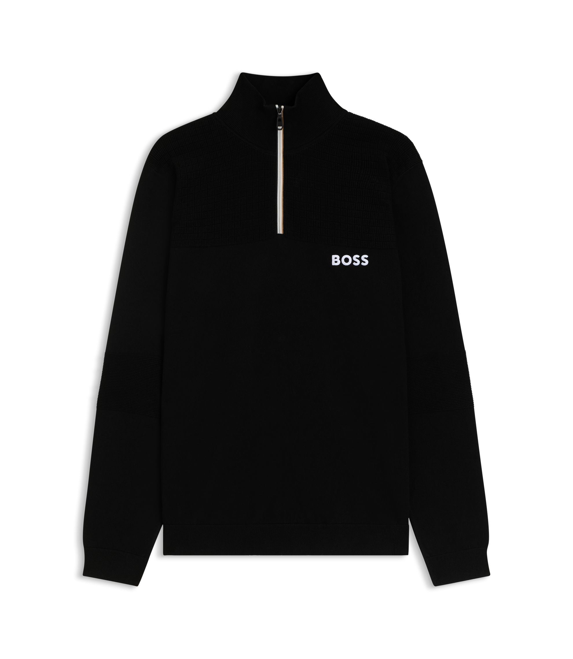 Boss Water Repellent Zip Neck Sweater In A Cotton Blend Black