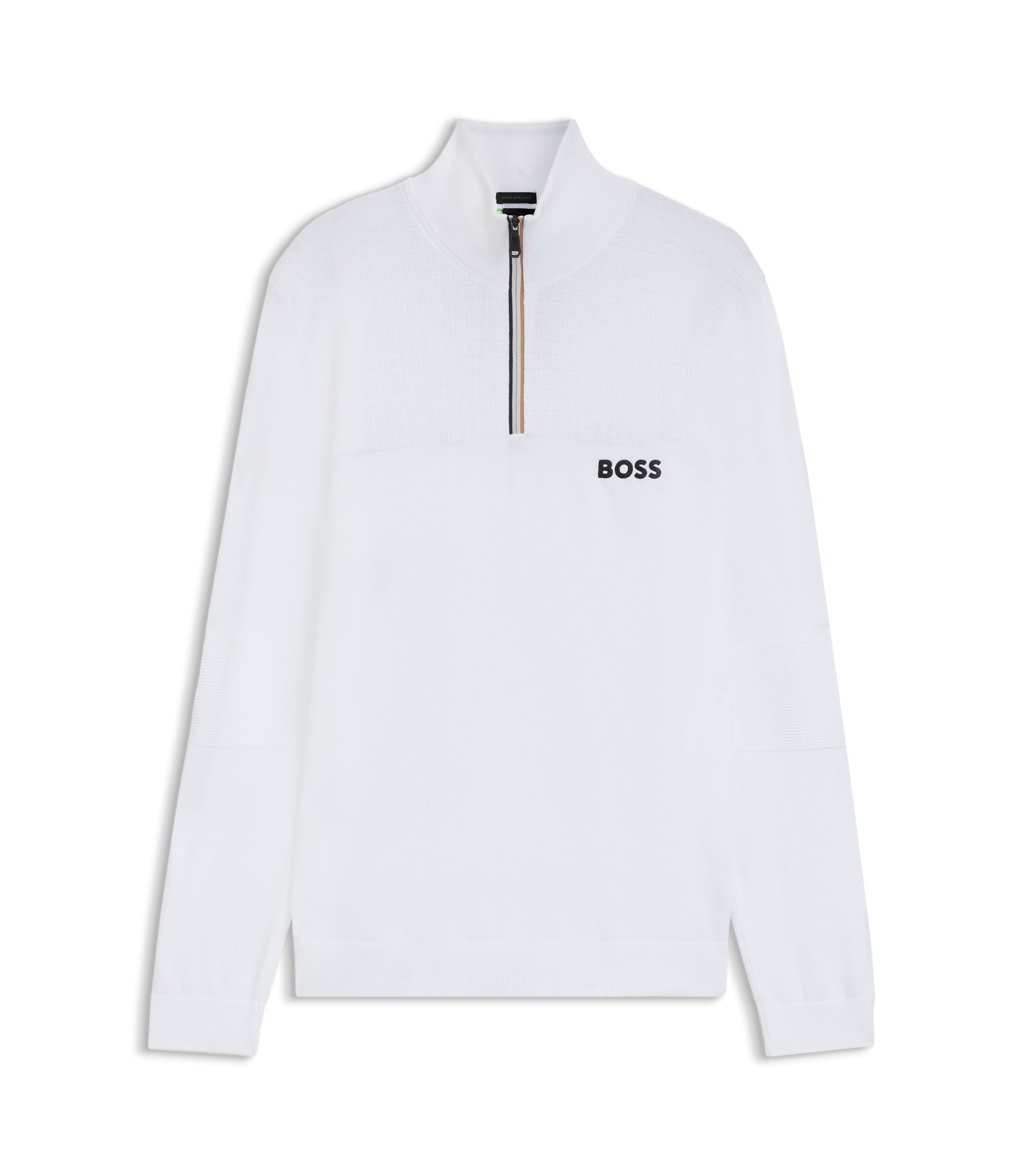Boss Water Repellent Zip Neck Sweater In A Cotton Blend White
