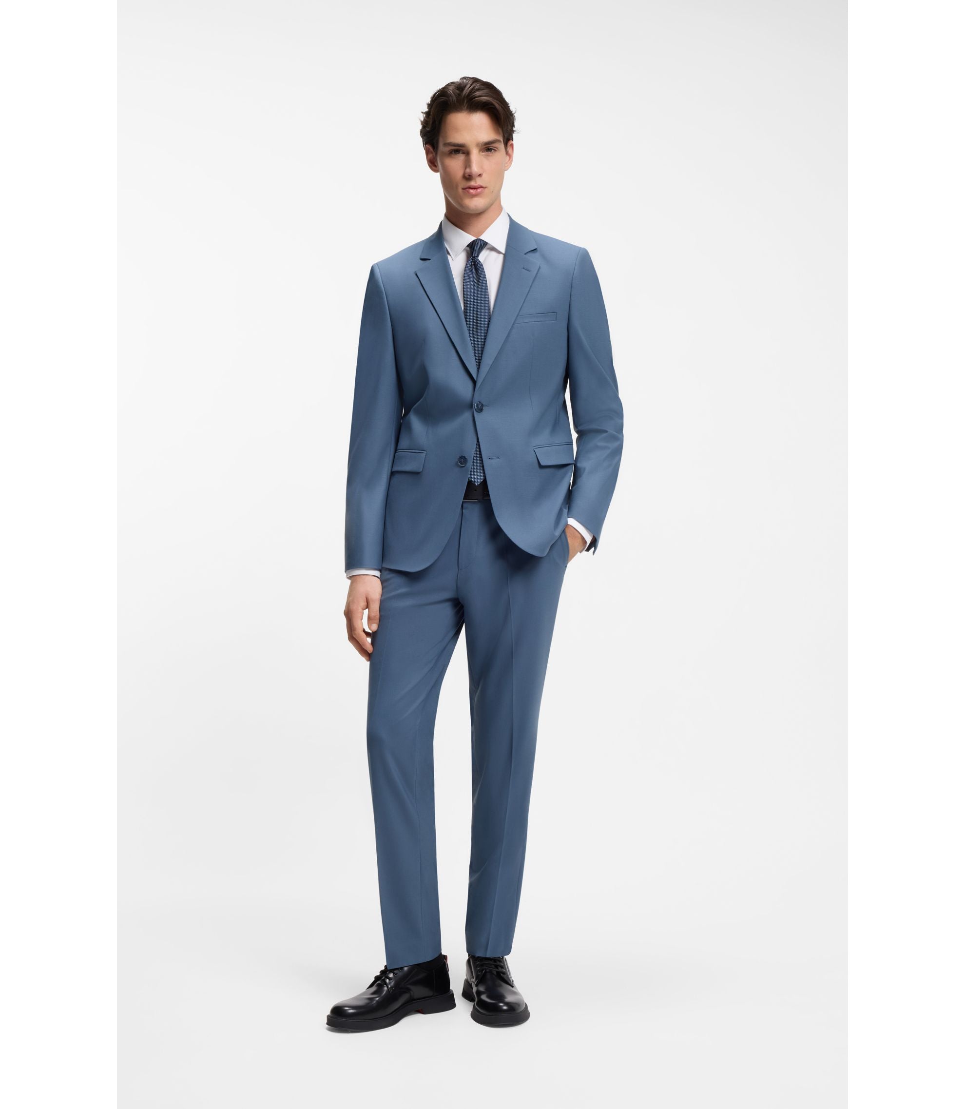 Hugo Two Piece Extra Slim Fit Suit In Wool Blend Poplin Light Blue