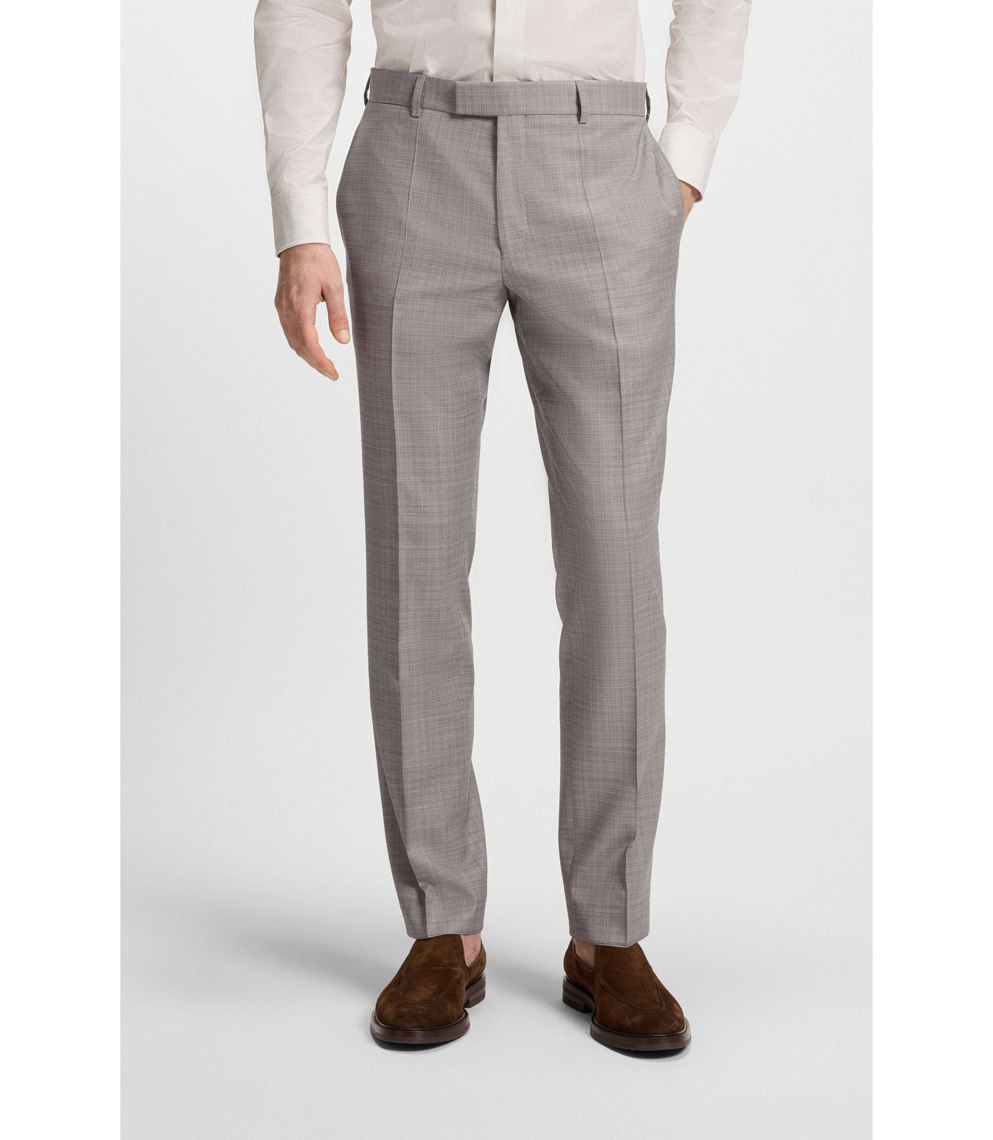 Boss Checked Regular Fit Suit In Virgin Wool Grey
