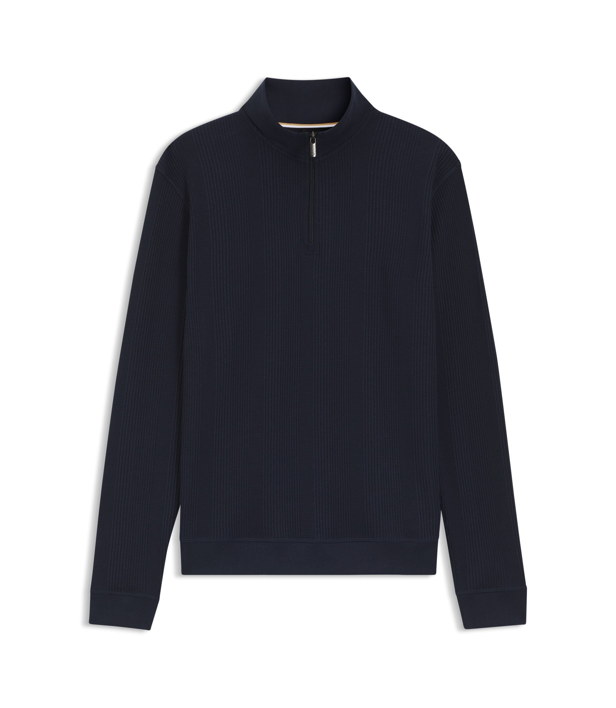 Boss Cotton Blend Zipper Neck Sweatshirt With Waffle Structure Dark Blue