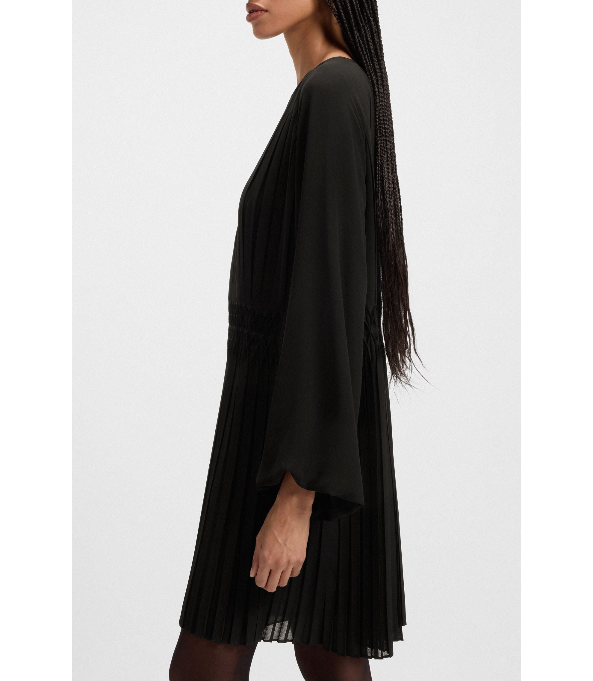 Boss Smocked Waistband Dress With Pliss Pleats Black Women's