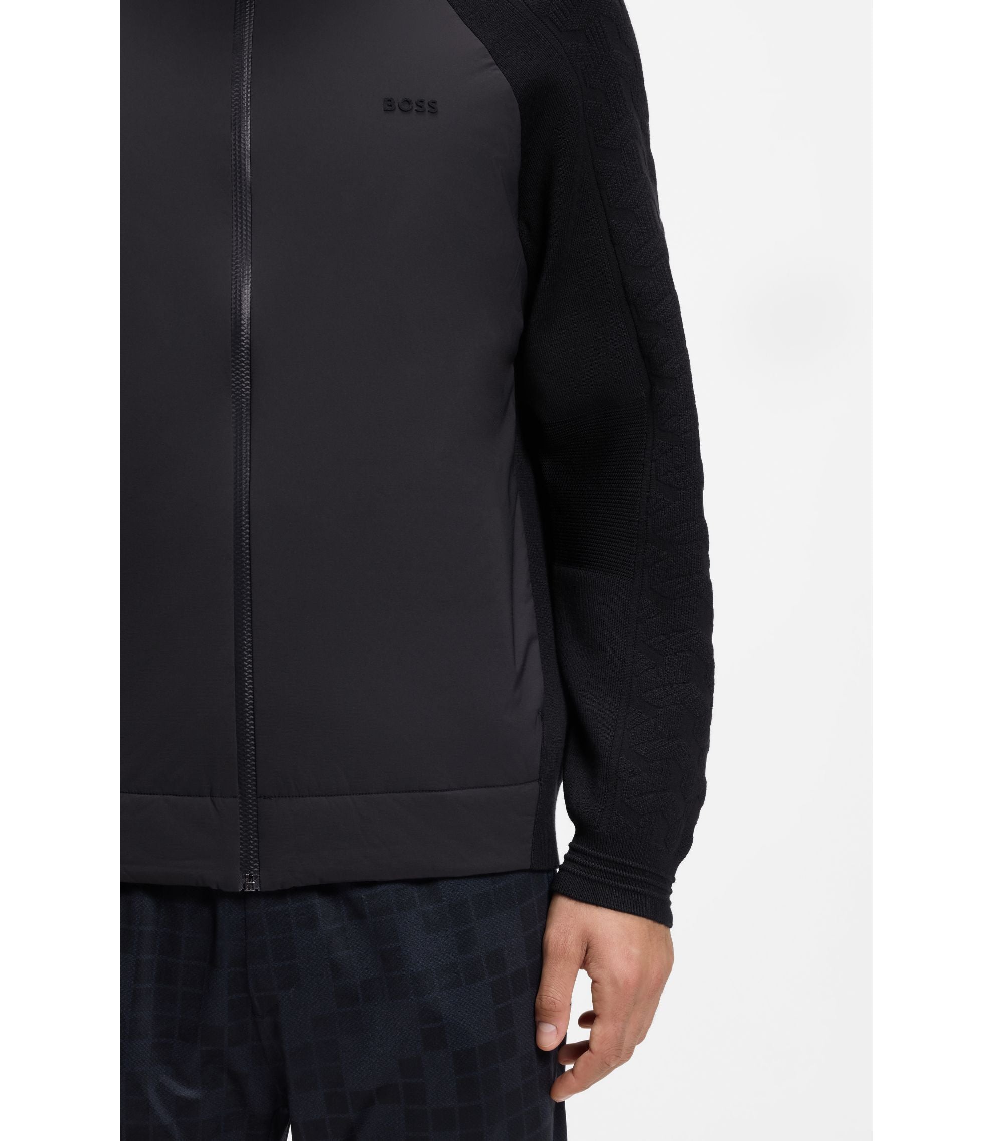 Boss Zip Up Hoodie With Tonal Textured Jacquard Dark Blue