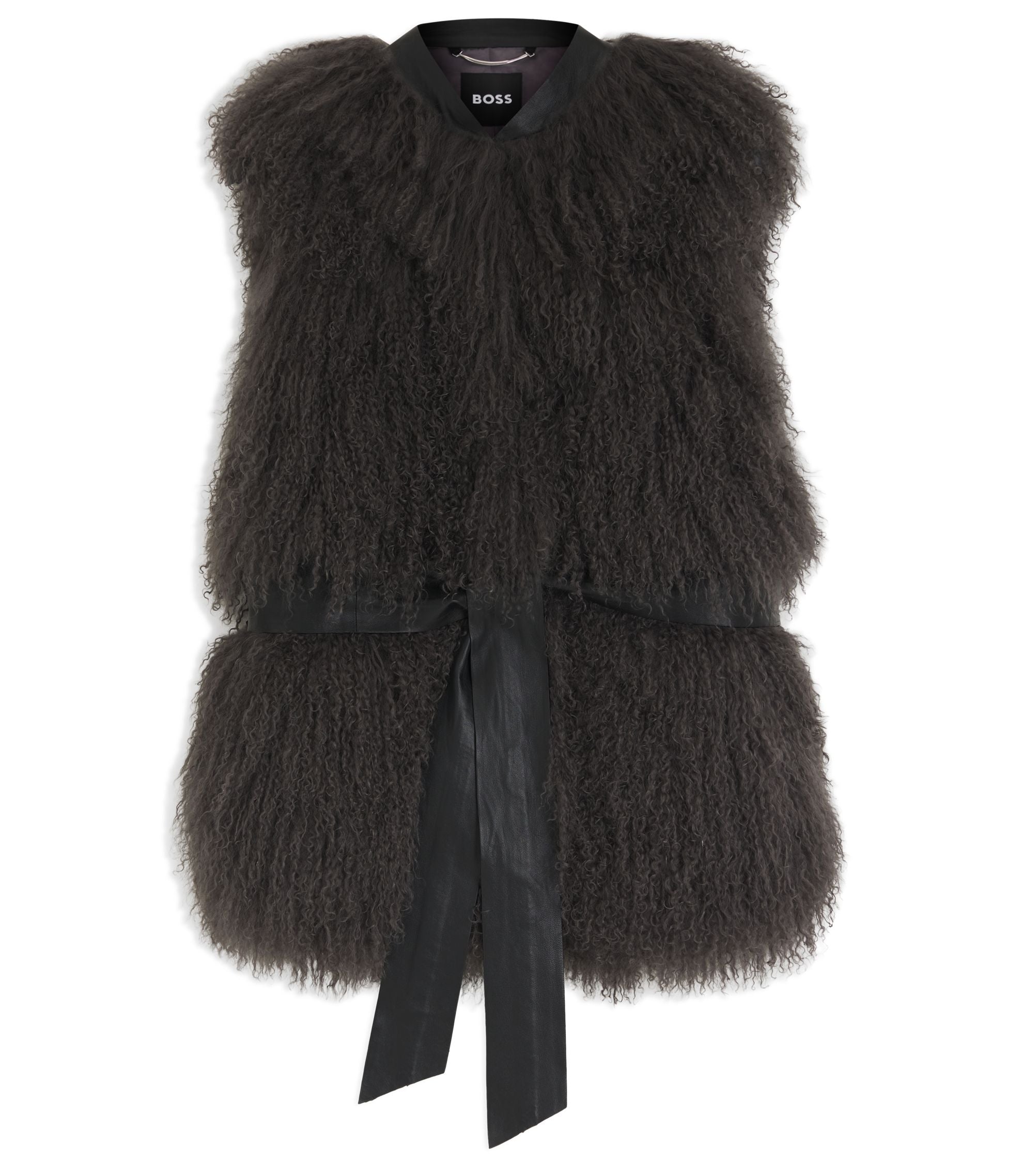 Boss Mongolian Shearling Gilet With Detachable Leather Belt Dark Grey Women's