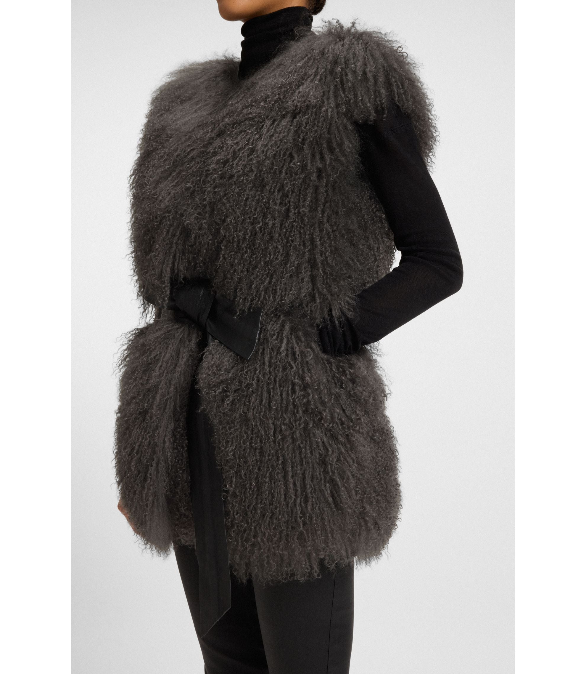 Boss Mongolian Shearling Gilet With Detachable Leather Belt Dark Grey Women's