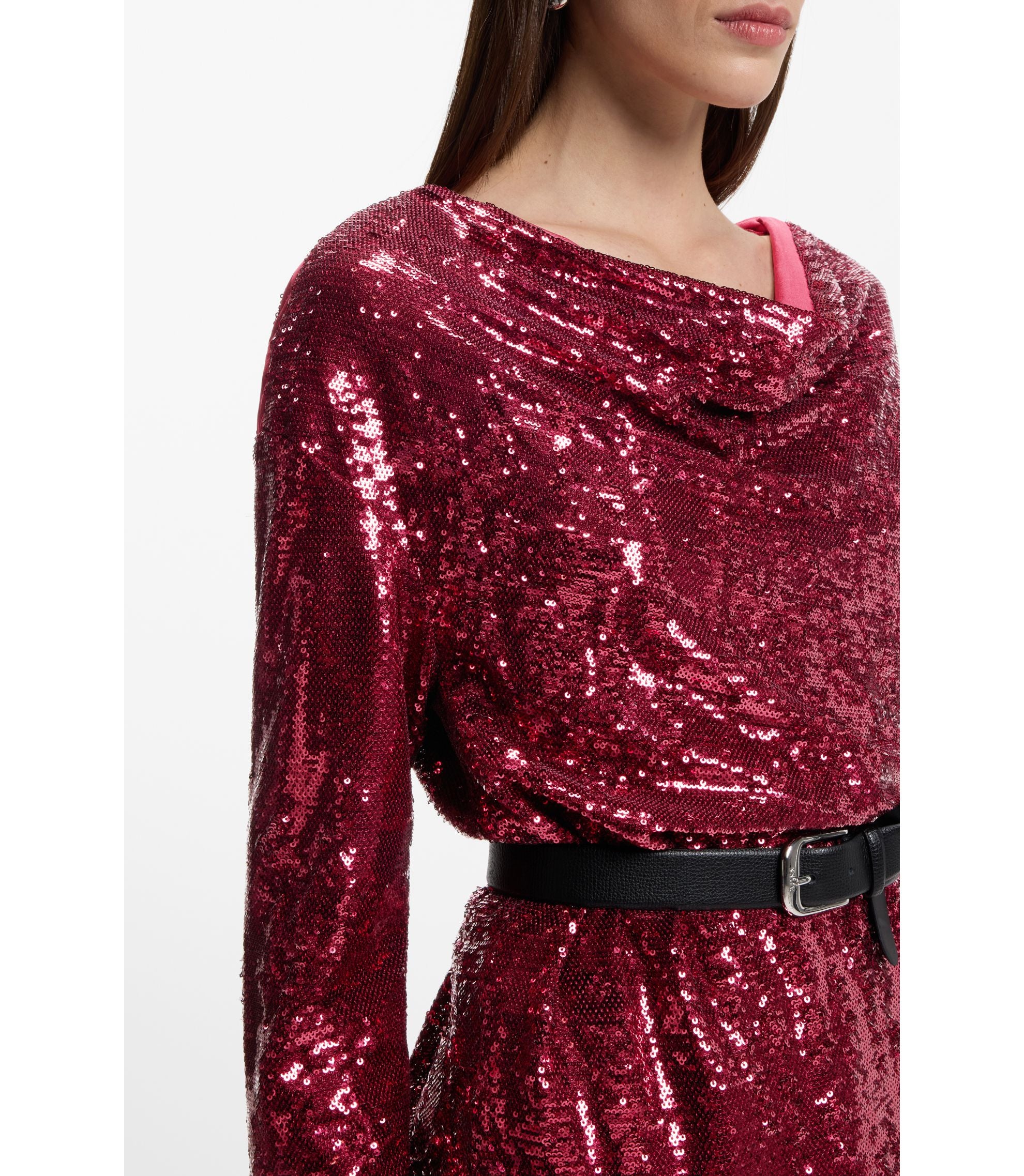 Boss Sequin Dress With Draped Neckline Dark Red Women's
